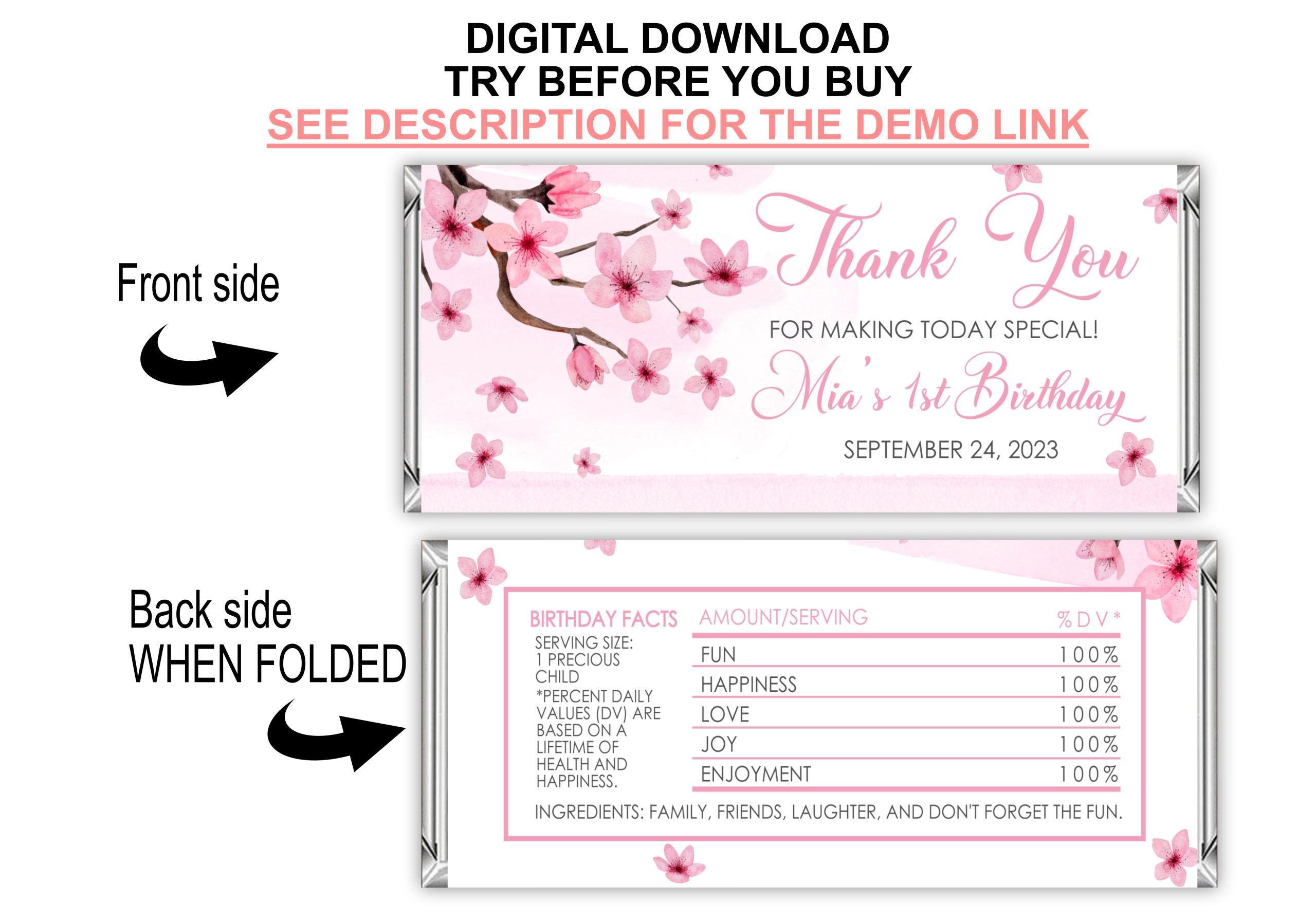 Candy Bar Wrapper Editable Cherry Blossom Candy Bar Wrapper Label, Favors Birthday Party, Chocolate Bar Wrapper, Baby Shower, Download PRINTABLE, Corjl Template 5.5 x 5.6 inches