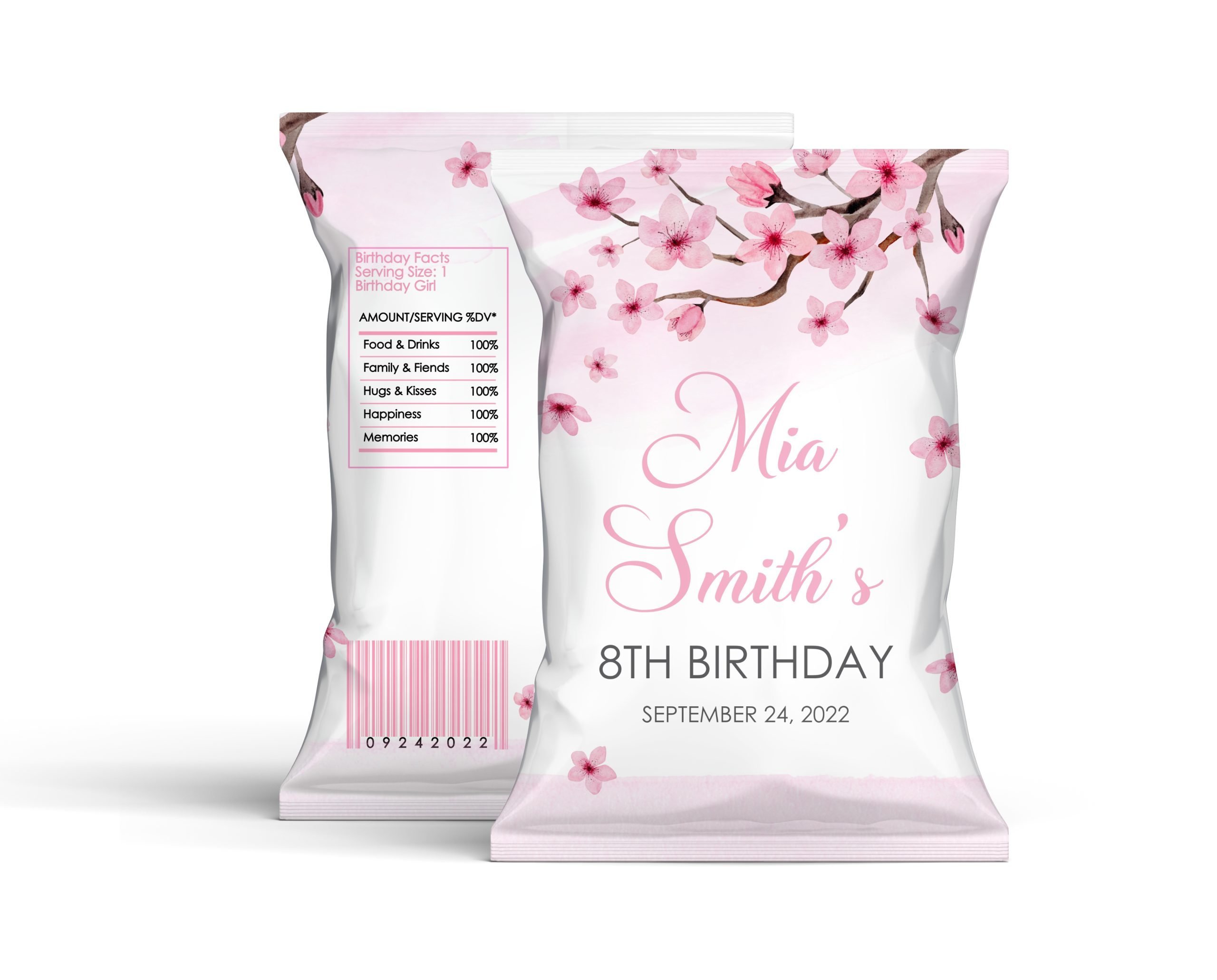 Chip Bag Label Editable Cherry Blossom Chip Bag Label – Printable Pink Flower Favor – DIY Chip Bag for Baby Shower or Birthday Party – Corjl Template Download 8.5x11 Chip Bag Template