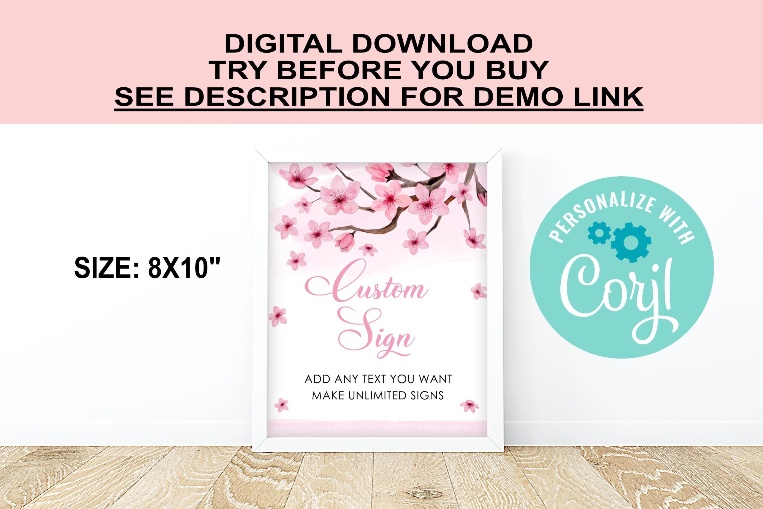 DECOR | SIGNS Editable Cherry Blossom Custom Sign – Pink Girl Birthday Decor – Corjl Digital Download 8x10 Sign