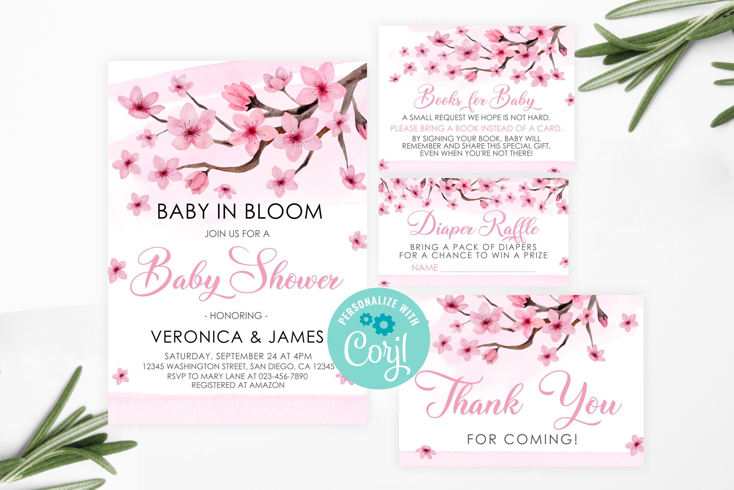 Baby Shower Invitation / Set Editable Cherry Blossom Baby Shower Invitation Set – Pink Floral Diaper Raffle, Thank You Card, Books for Baby – Corjl Template Baby Shower Printables.