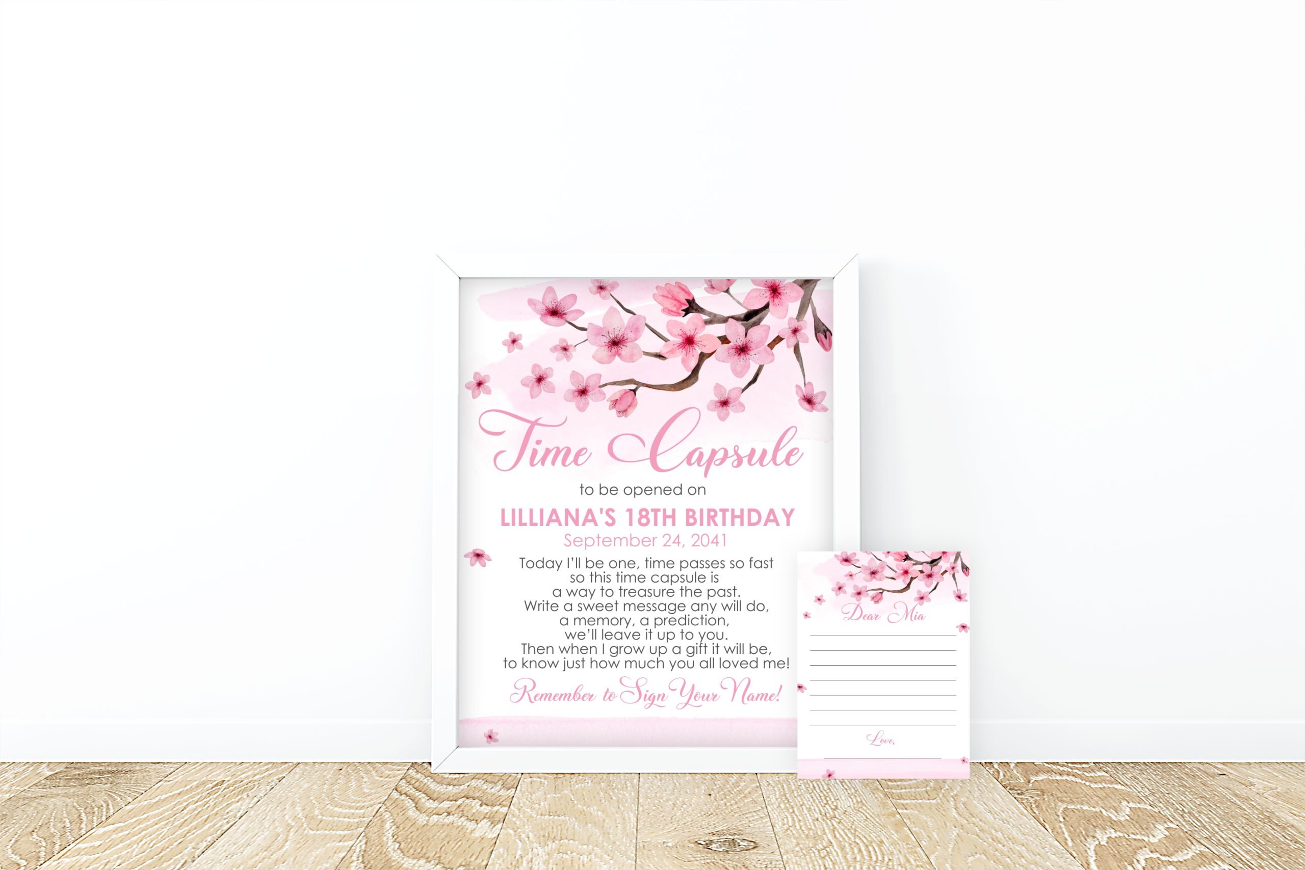 DECOR | SIGNS Editable Cherry Blossom Time Capsule Sign Note Card – Pink Girl 1st Birthday Keepsake – Corjl Template 1st Birthday Celebration