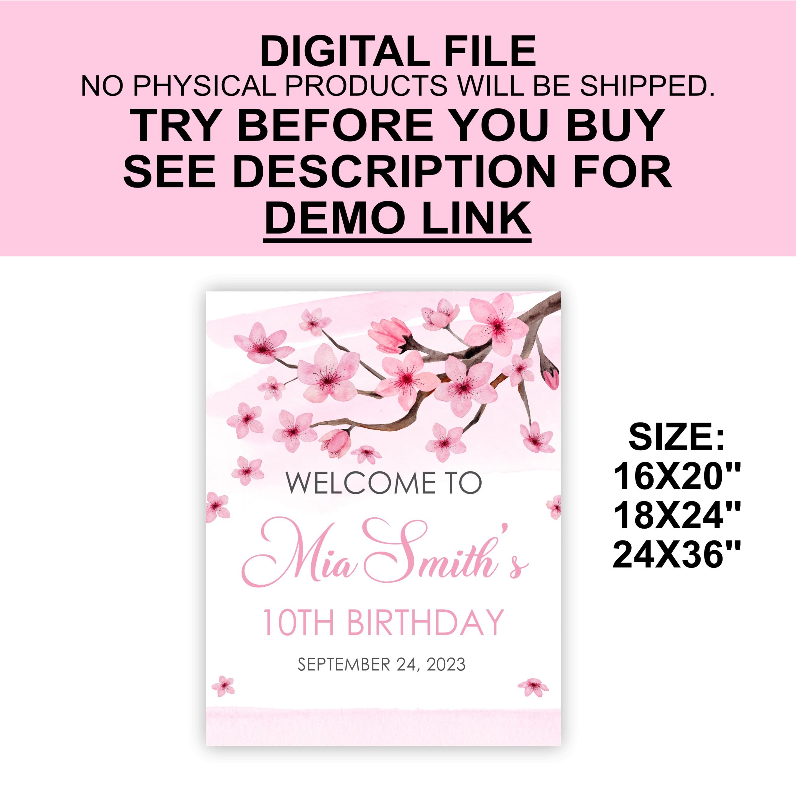 DECOR | SIGNS Editable Cherry Blossom Welcome Sign – Birthday Party Baby Shower Decor – Pink Girl – Corjl Template 16x20" Welcome Sign