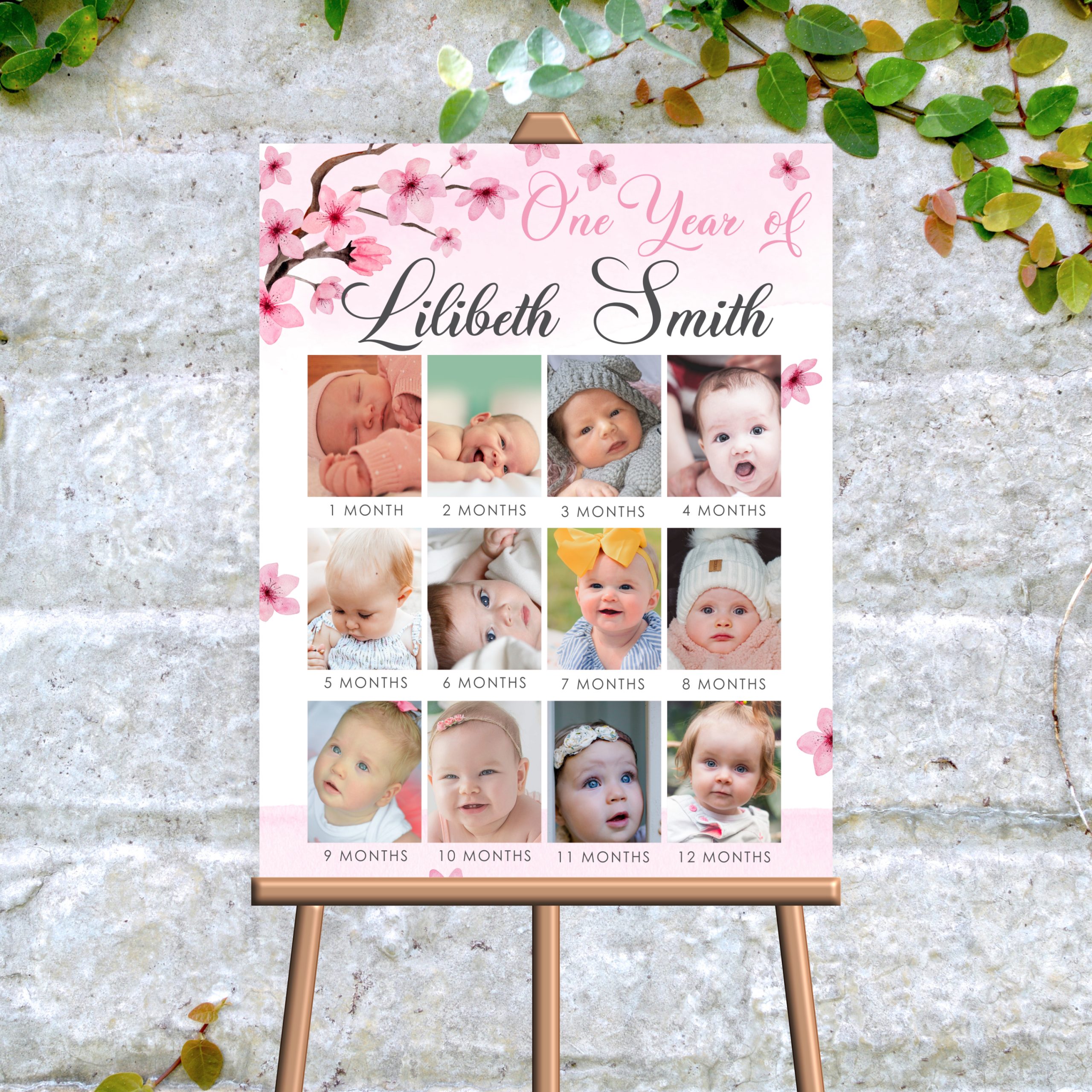 DECOR | SIGNS Editable Cherry Blossom Baby’s First Year Photo Poster – Pink Girl 1st Birthday – Corjl Template Baby Milestone Celebration