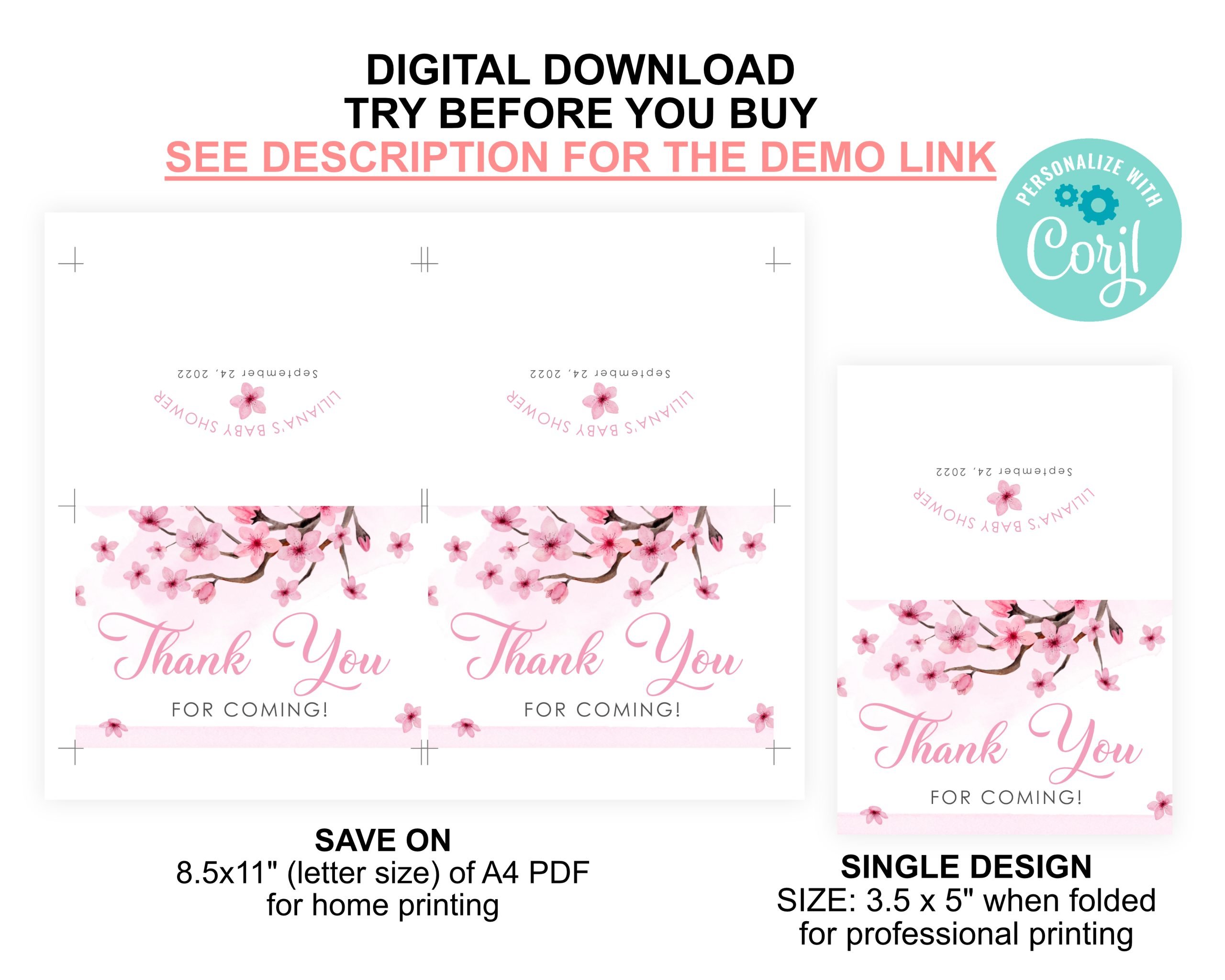 Baby Shower Invitation / Set Editable Cherry Blossom Baby Shower Invitation Set – Pink Floral Diaper Raffle, Thank You Card, Books for Baby – Corjl Template Baby Shower Printables.