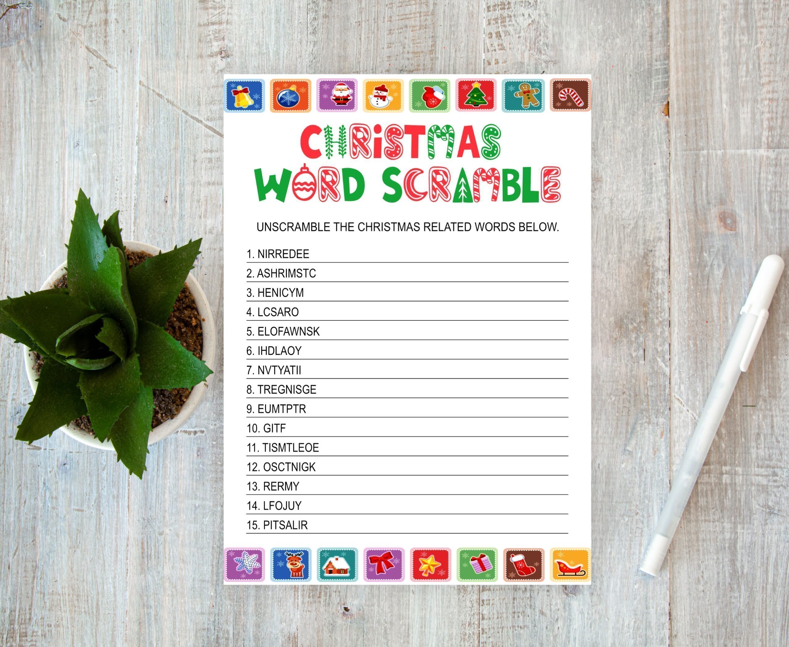 Christmas Christmas Word Scramble Game, Fun Printable Activity Adults