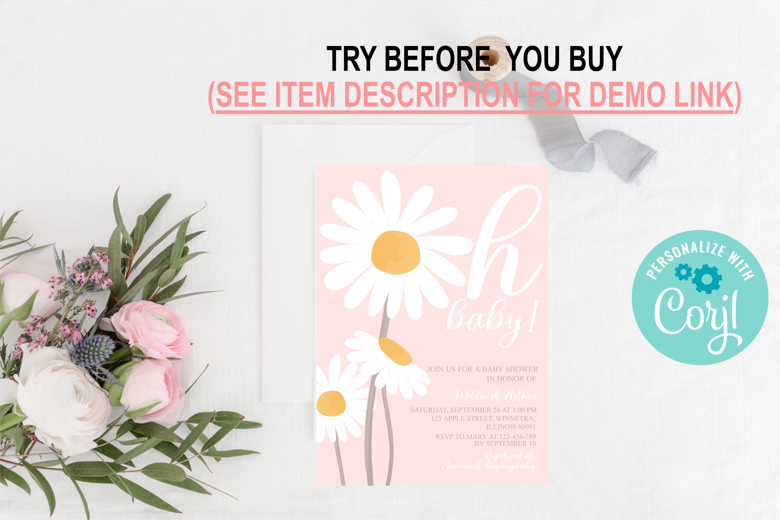 Baby Shower Invitation / Set Editable Daisy Baby Shower Invitation, Floral Boho Bohemian Baby Shower Invitation with Daisy