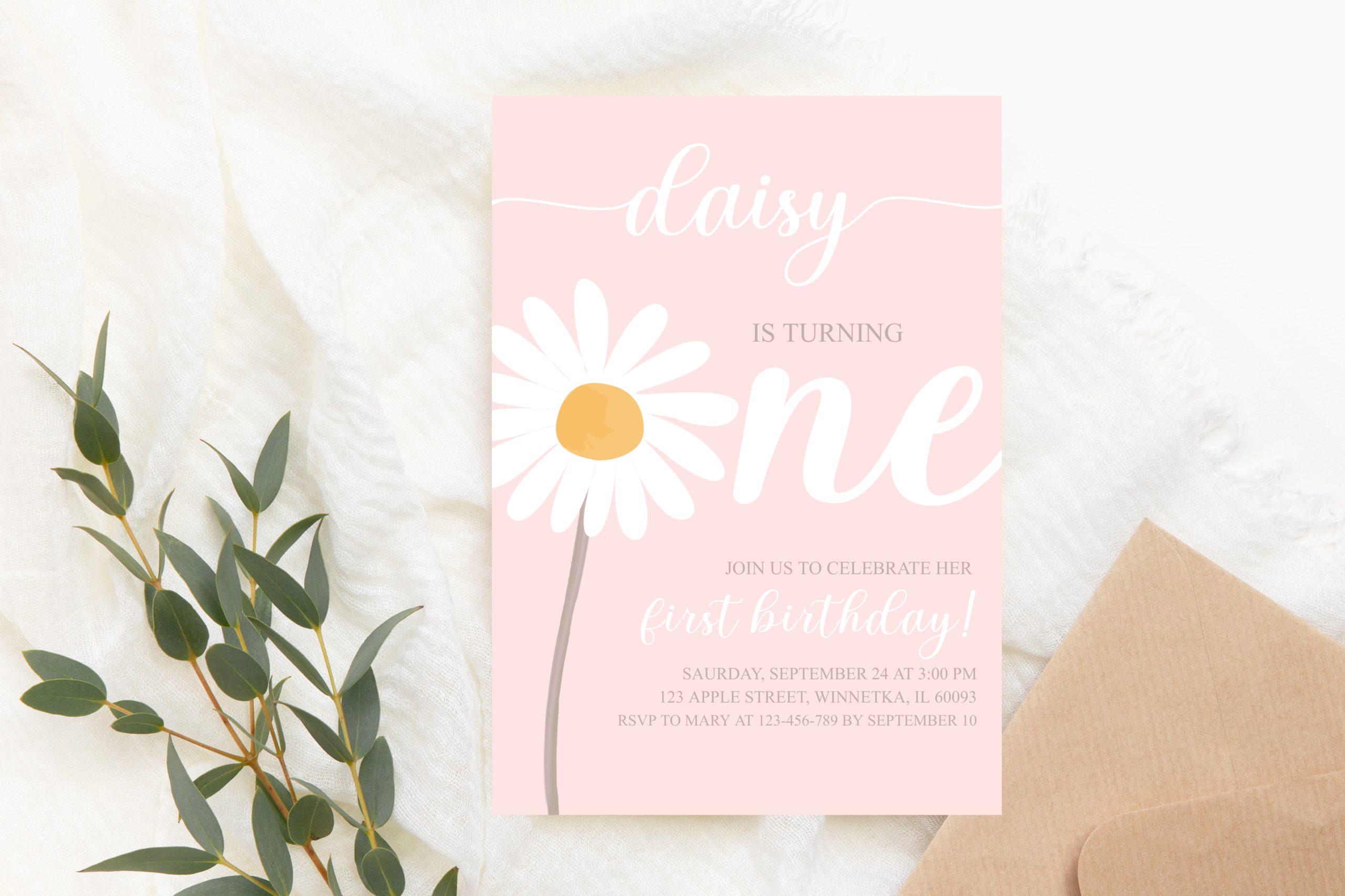 Birthday Invitations Editable Daisy First Birthday Invitation 5x7 Corjl Template