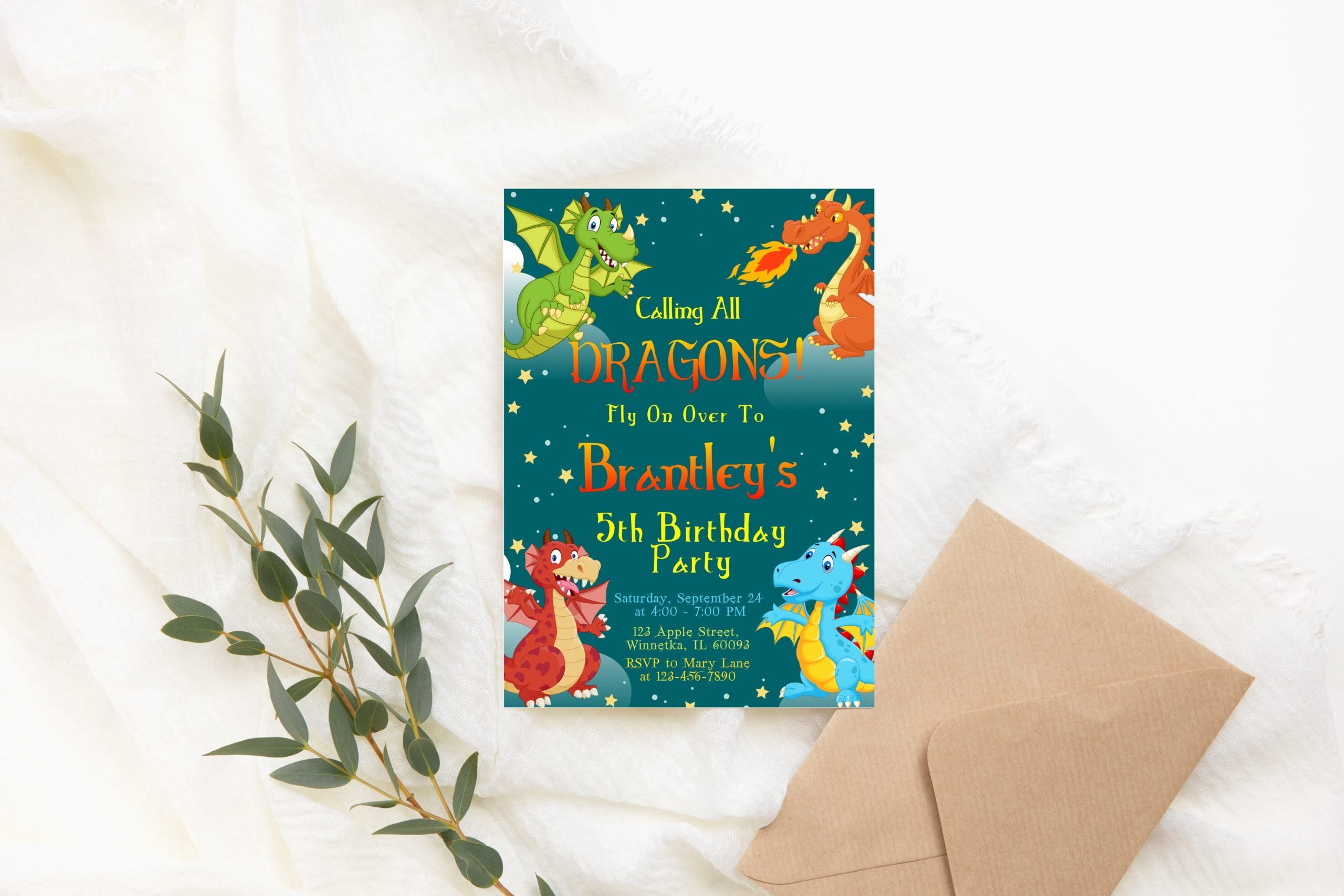 Birthday Invitations Editable Dragon Birthday Invitation, Dragon Birthday Party Invite, Gender Neutral Dragon Invitation, Kids PRINTABLE Corjl Editable Template