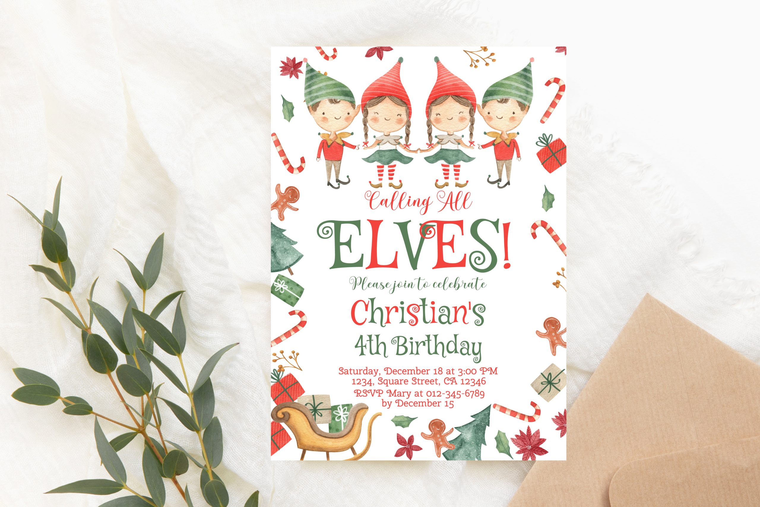 Birthday Invitations Editable Elf Christmas Birthday Party Invitation Neutral Elf Birthday Invite Girls Boys Calling all Elves Digital Corjl Template PRINTABLE Birthday_Party