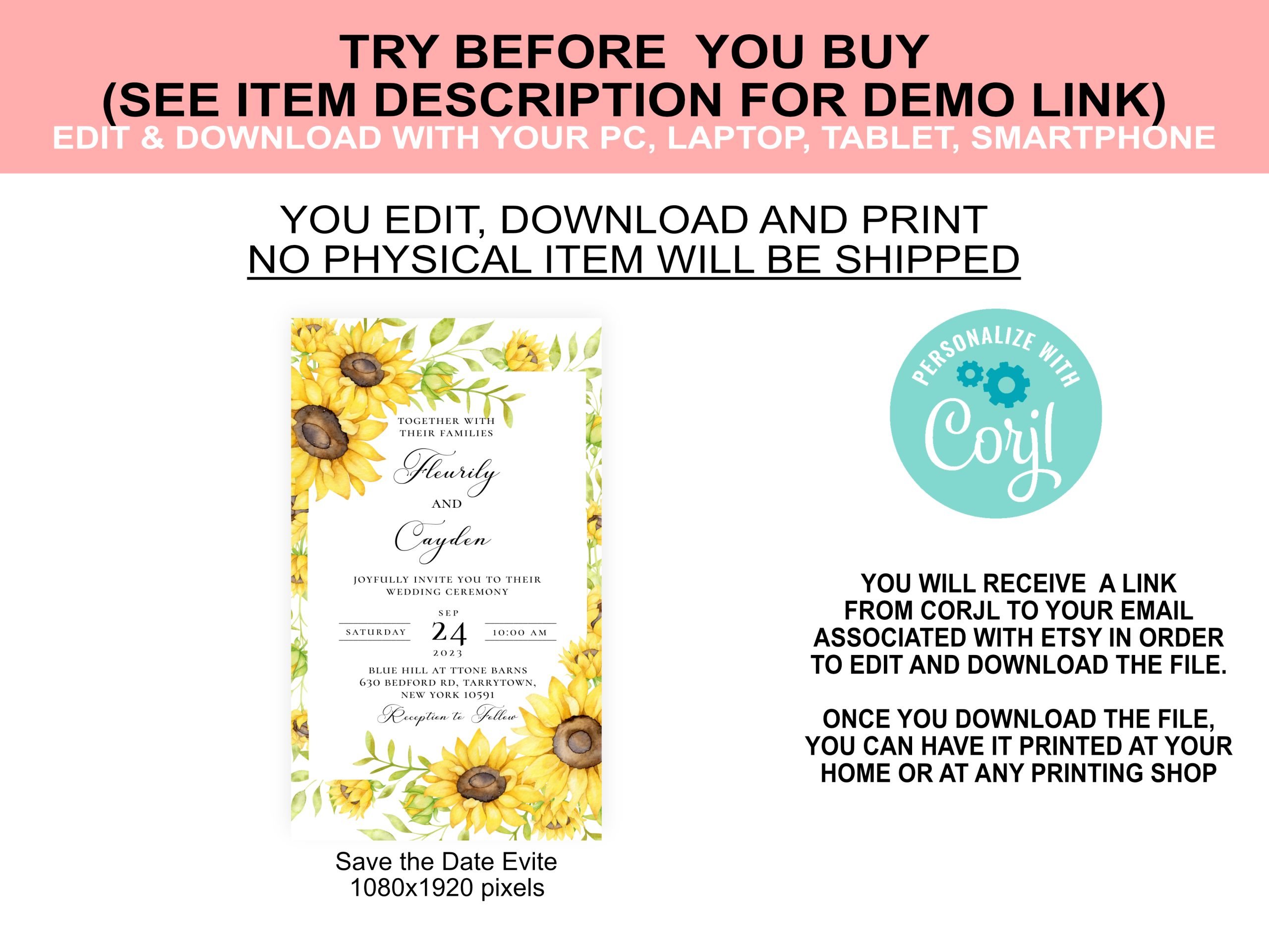 INVITATIONS Editable Sunflower Save the Date Evite , Yellow Sunflower Save the Date Wedding 5x7" Editable Sunflower Template