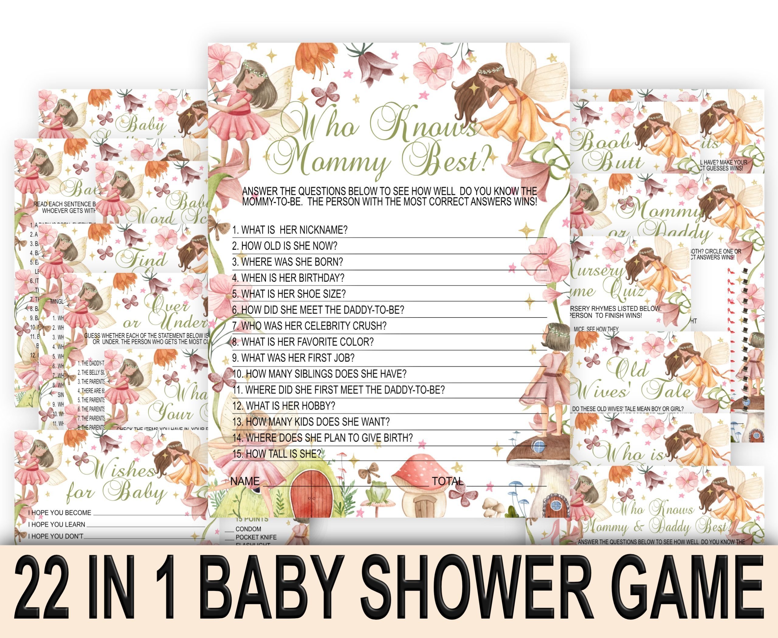 Baby Shower Games Enchanted Fairy Baby Shower Games Bundle Bundle Set with 22 Games