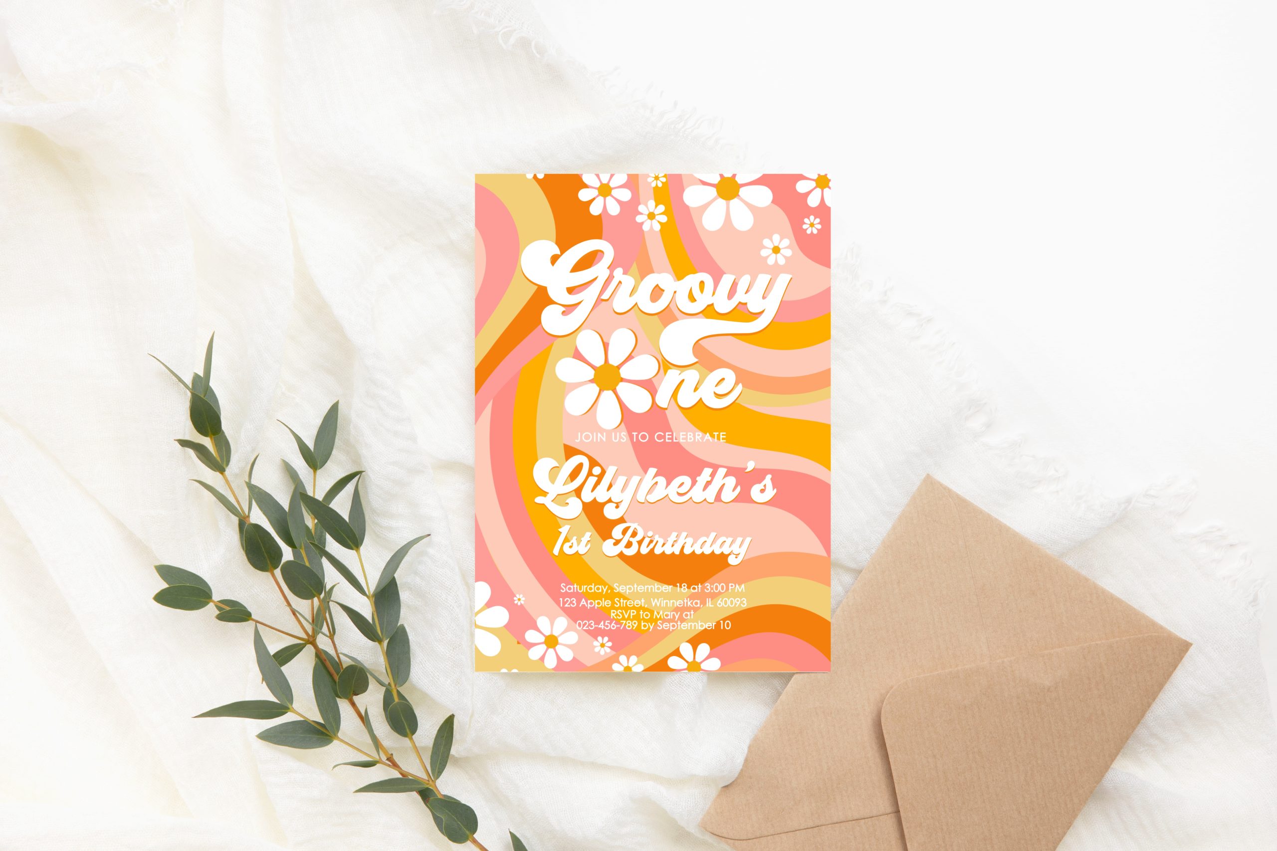 Birthday Invitations Editable Groovy One 1st Birthday Invitation, Retro Daisy First Birthday, Floral 70s Flower Power, Orange, Digital 5x7 Digital Invitation