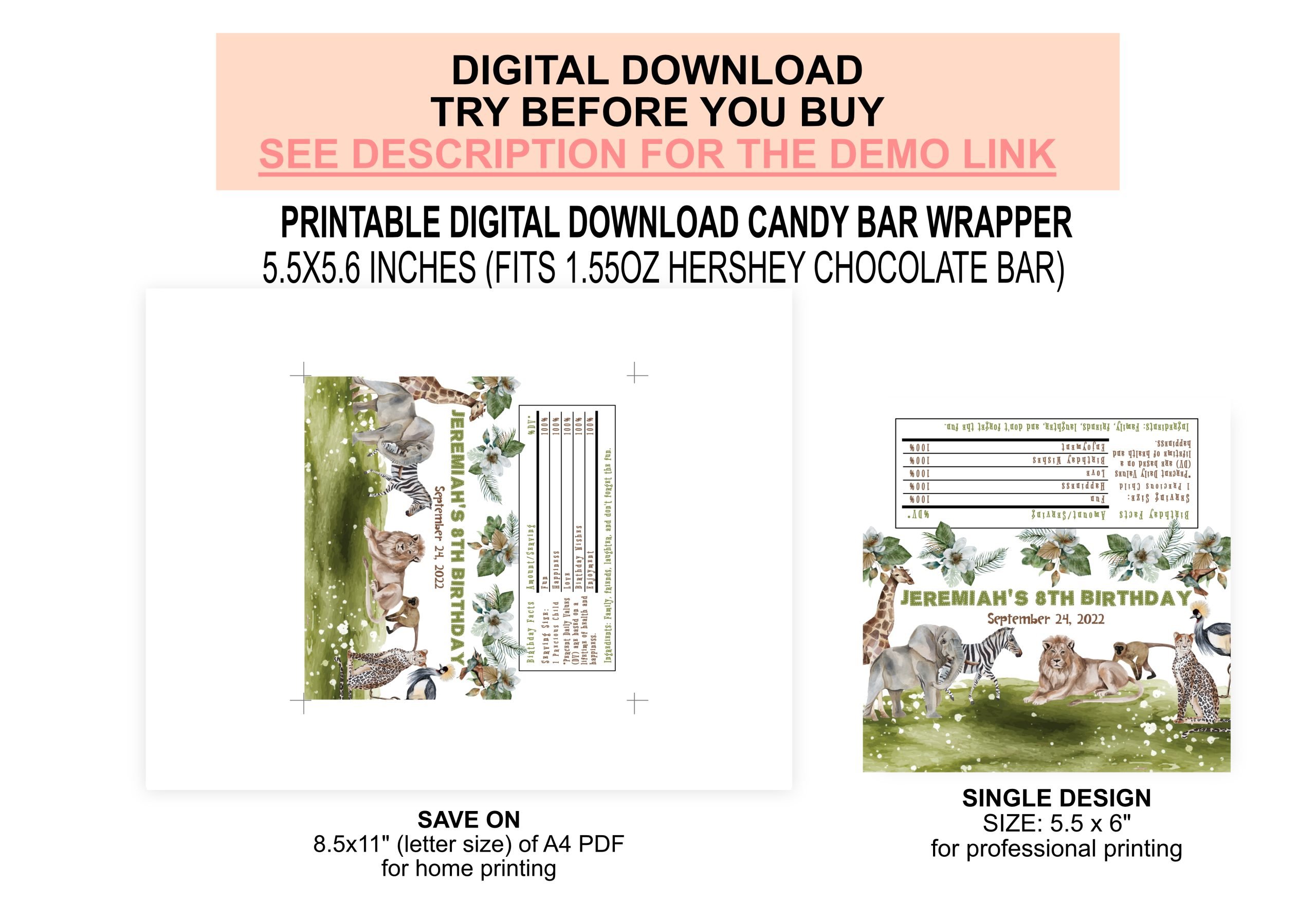 Candy Bar Wrapper Editable Jungle Animals Birthday Candy Bar Wrapper, Jungle Lion Giraffe Wild Label DIY Party Favors