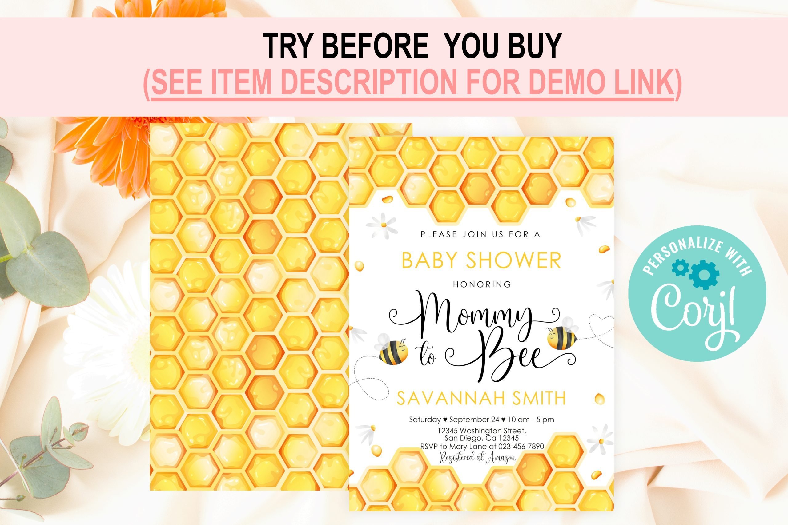 Baby Shower Invitation / Set Editable Bee Baby Shower Invitation, Mommy to Bee, Gender Neutral baby shower invitation for mommy-to-bee