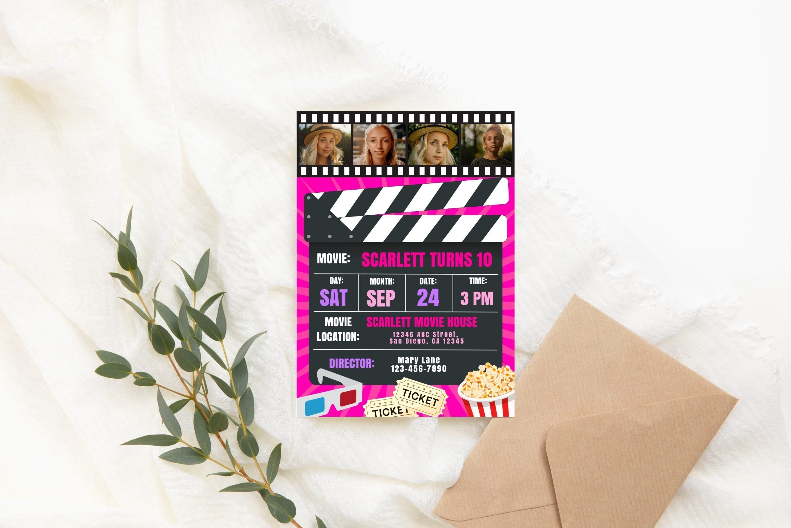 Birthday Invitations Editable Movie Birthday Invitation with Photo, Pink Black Girl Movie Birthday Party Invitation 5x7 Size