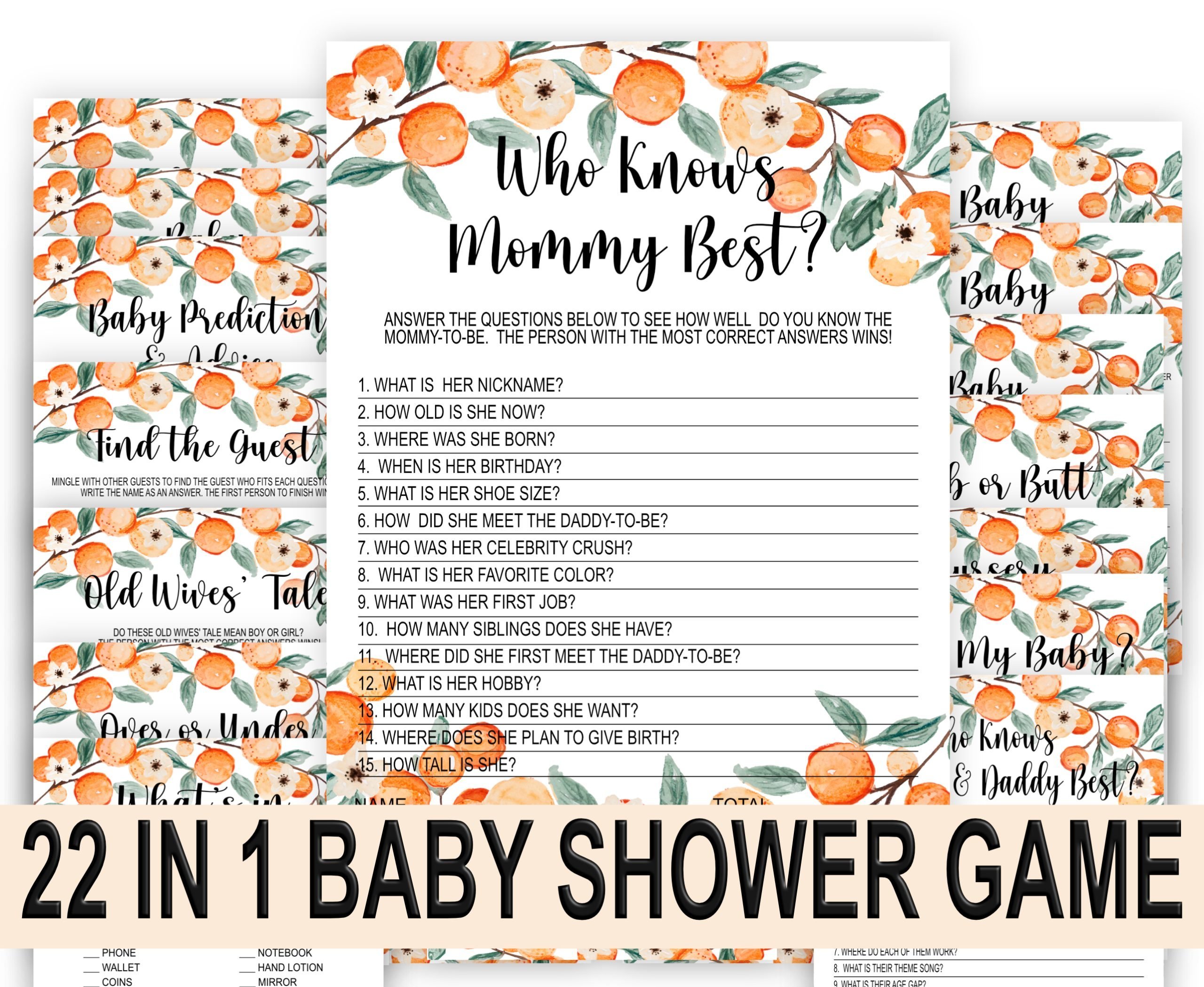 Baby Shower Games Little Cutie Baby Shower Games Bundle – Clementine Orange Theme” baby shower activities