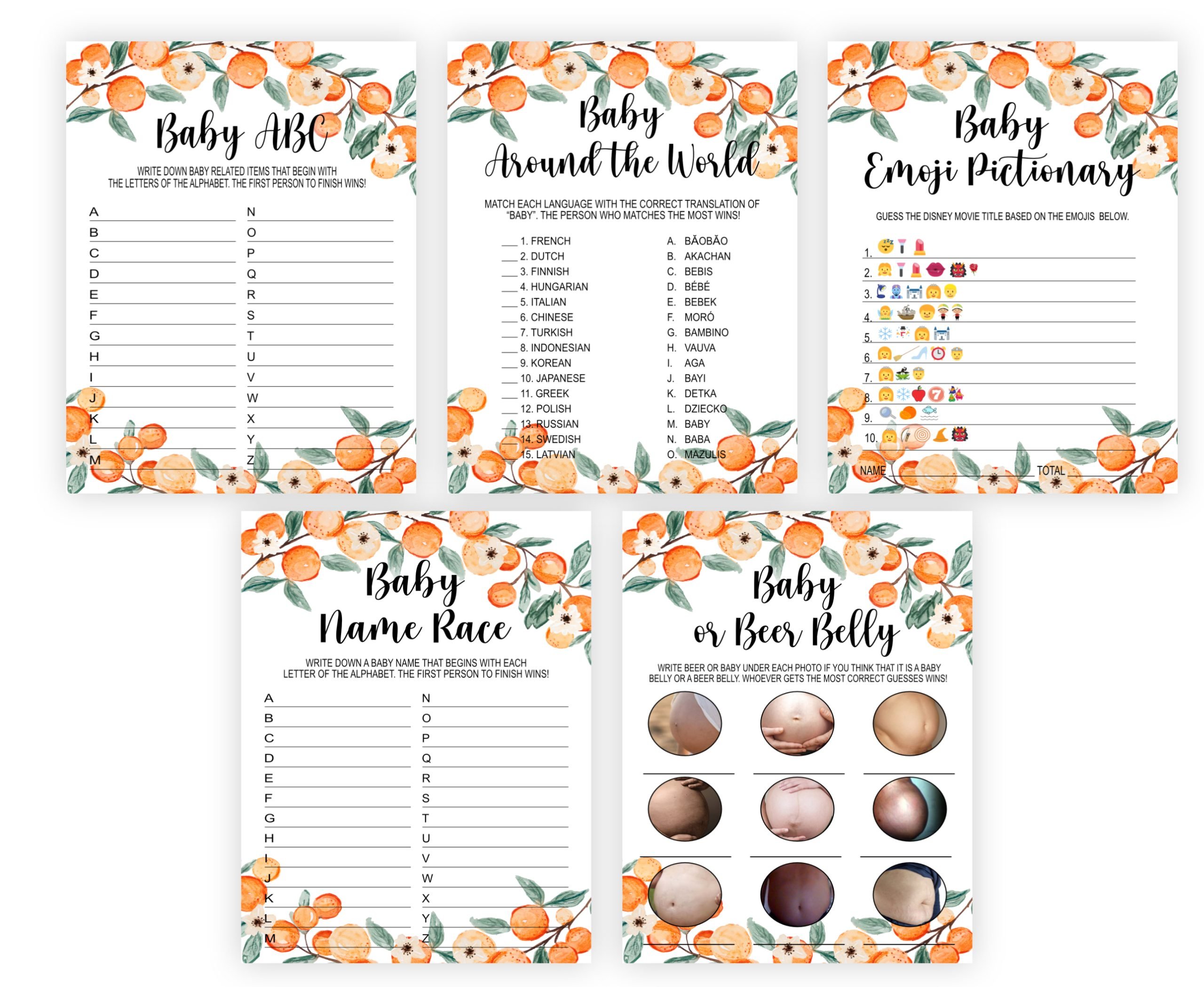 Baby Shower Games Little Cutie Baby Shower Games Bundle – Clementine Orange Theme” baby shower activities