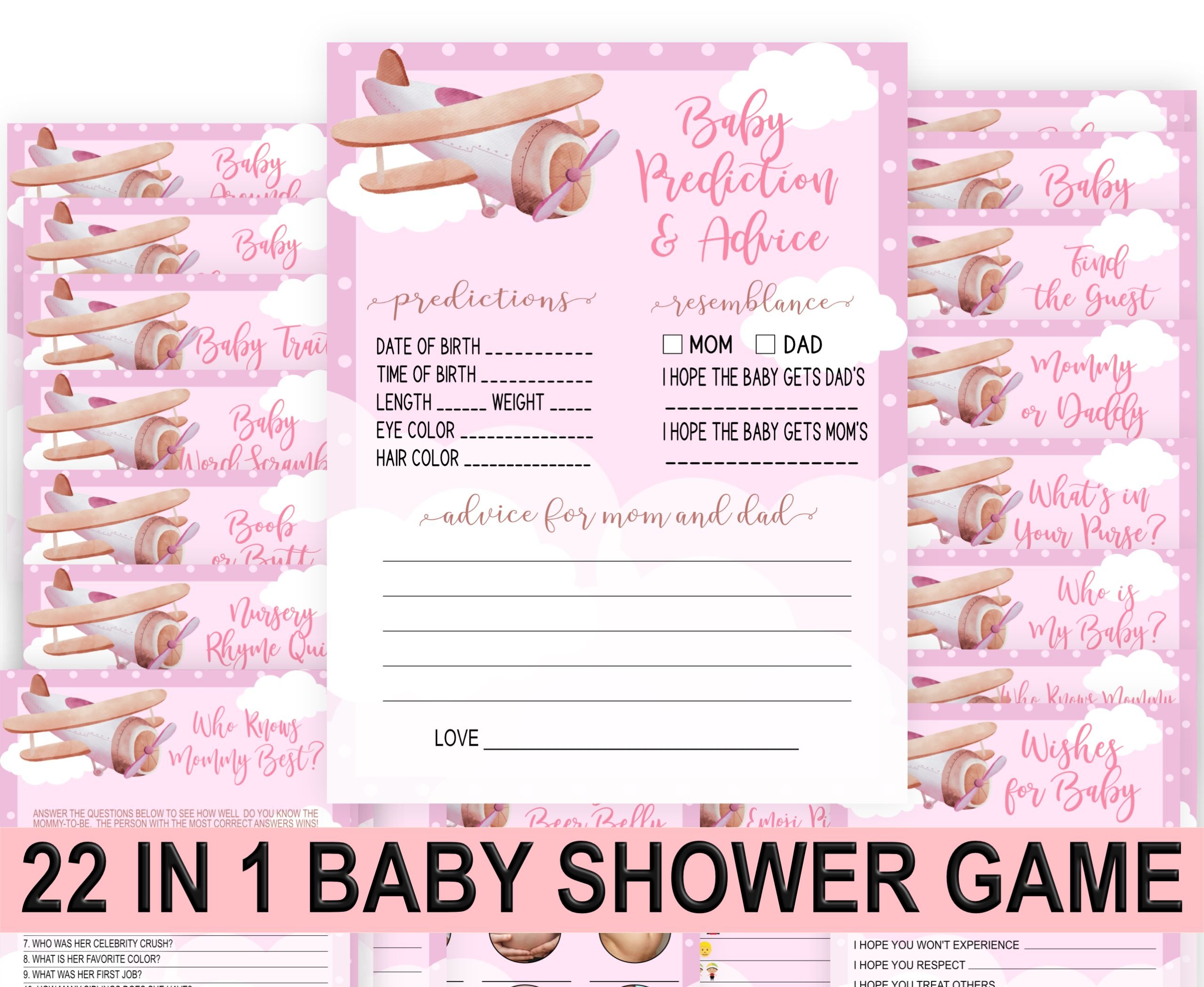 Baby Shower Games Pink Airplane Baby Shower Games | Pink Airplane Clouds Blue Baby Shower Activities | PRINTABLE DIGITAL DOWNLOAD Baby Shower Game Bundle