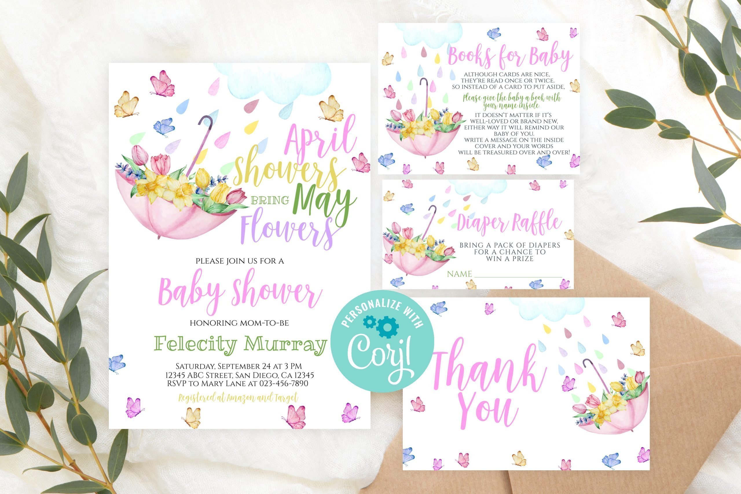 Baby Shower Invitation / Set Editable April Showers Baby Shower Invitation and Stationery Set – Pink Girl Umbrella Books for Baby Card