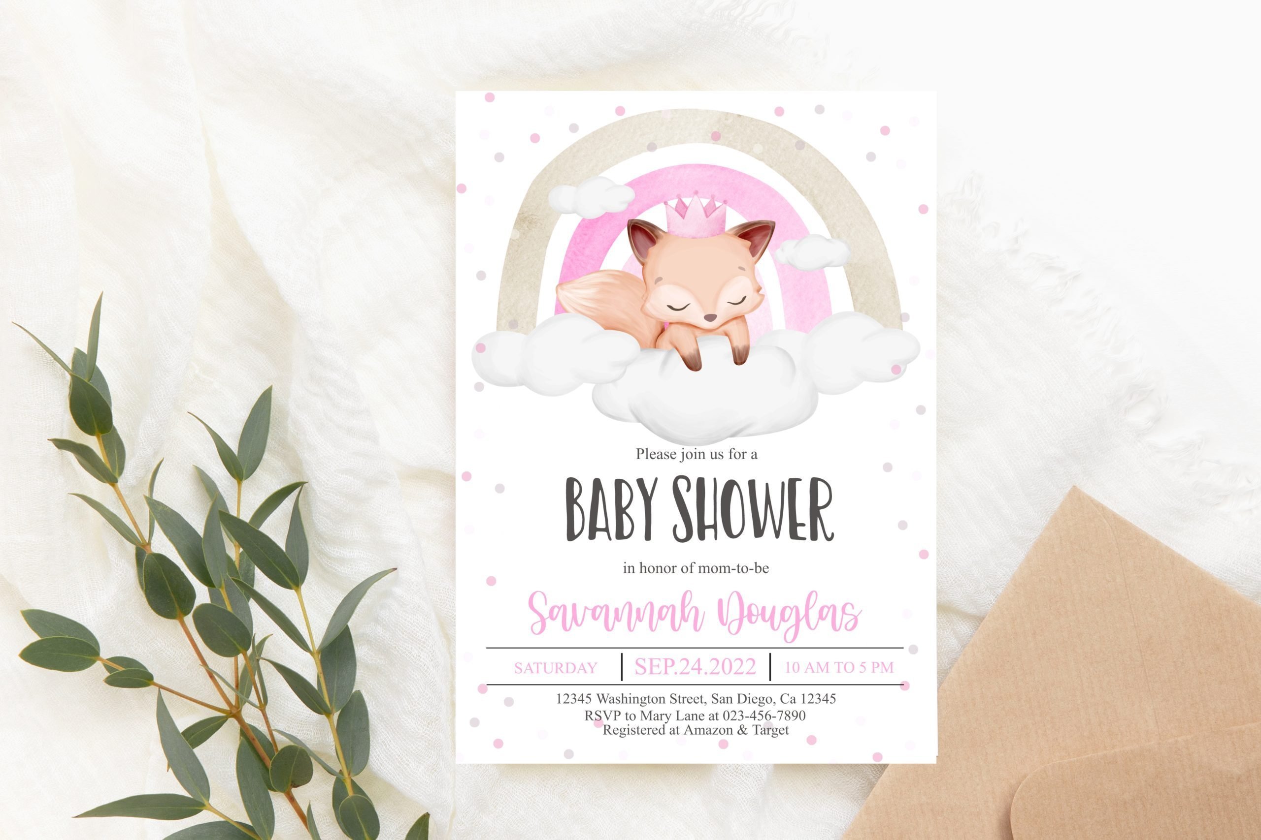 Baby Shower Invitation / Set Editable Fox Baby Shower Invitation – Sleeping Fox Girl Baby Shower Invite 5x7 Baby Shower Invitation