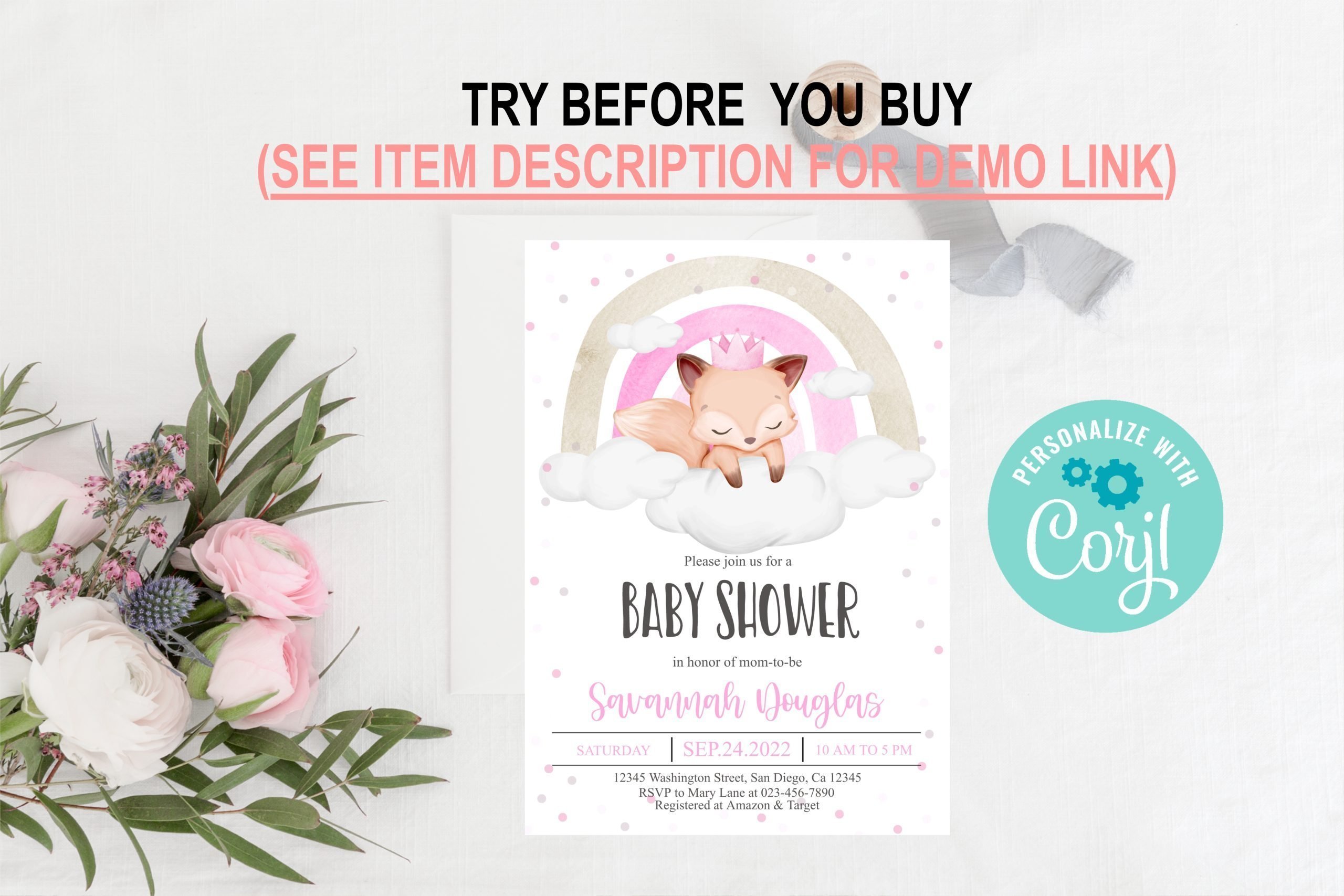 Baby Shower Invitation / Set Editable Fox Baby Shower Invitation – Sleeping Fox Girl Baby Shower Invite 5x7 Baby Shower Invitation