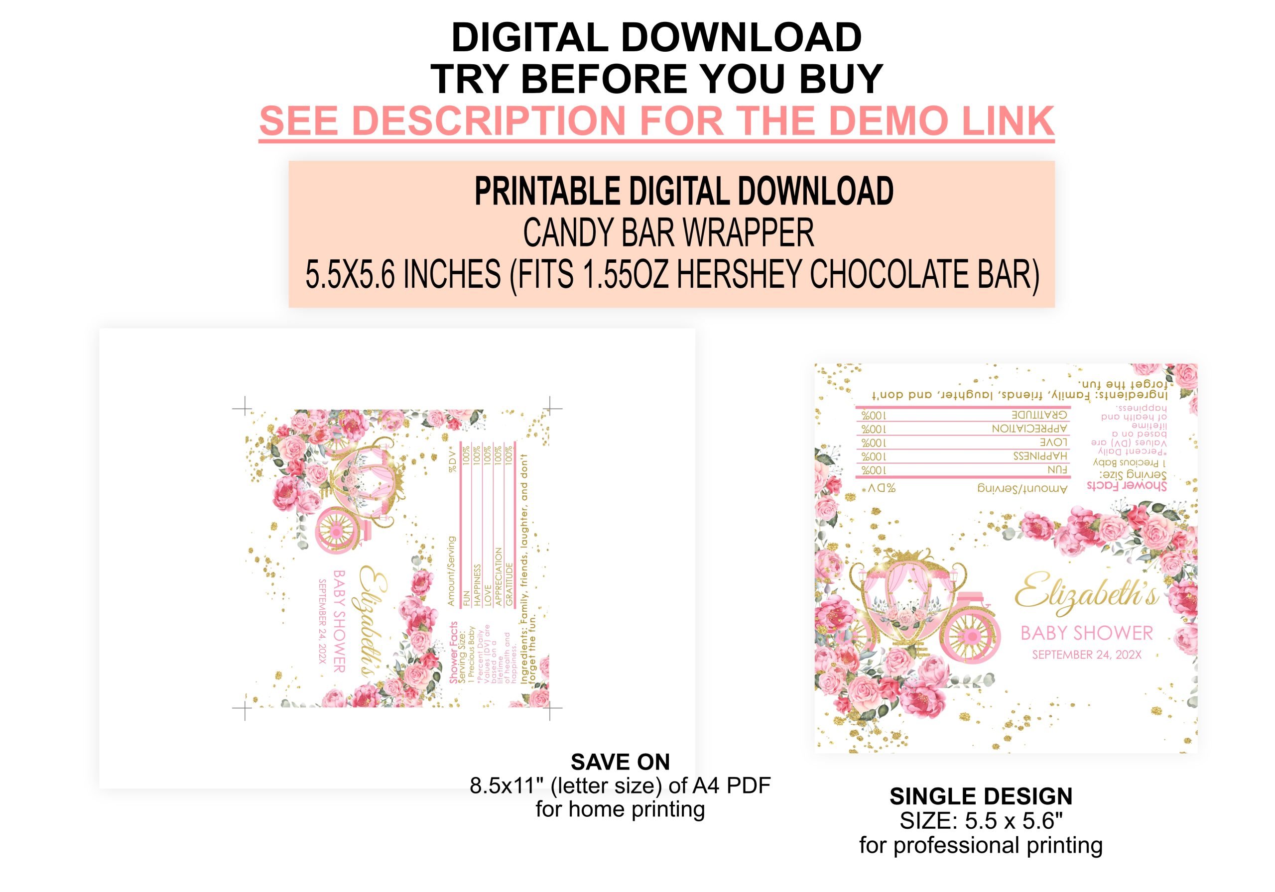 Candy Bar Wrapper Princess Candy Bar Wrapper | Fits 1.55oz Hershey Chocolate Bar | Editable Corjl Template 1.55oz Hershey bar size