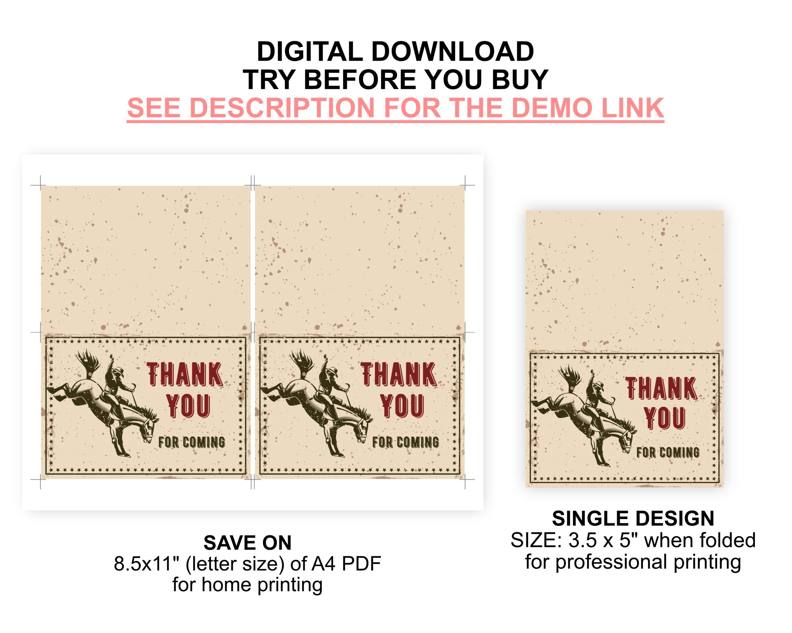 CARDS Editable Rodeo Thank You Card – Printable Cowboy Rustic Horse Theme – Corjl Template 3.5x5" Card Size