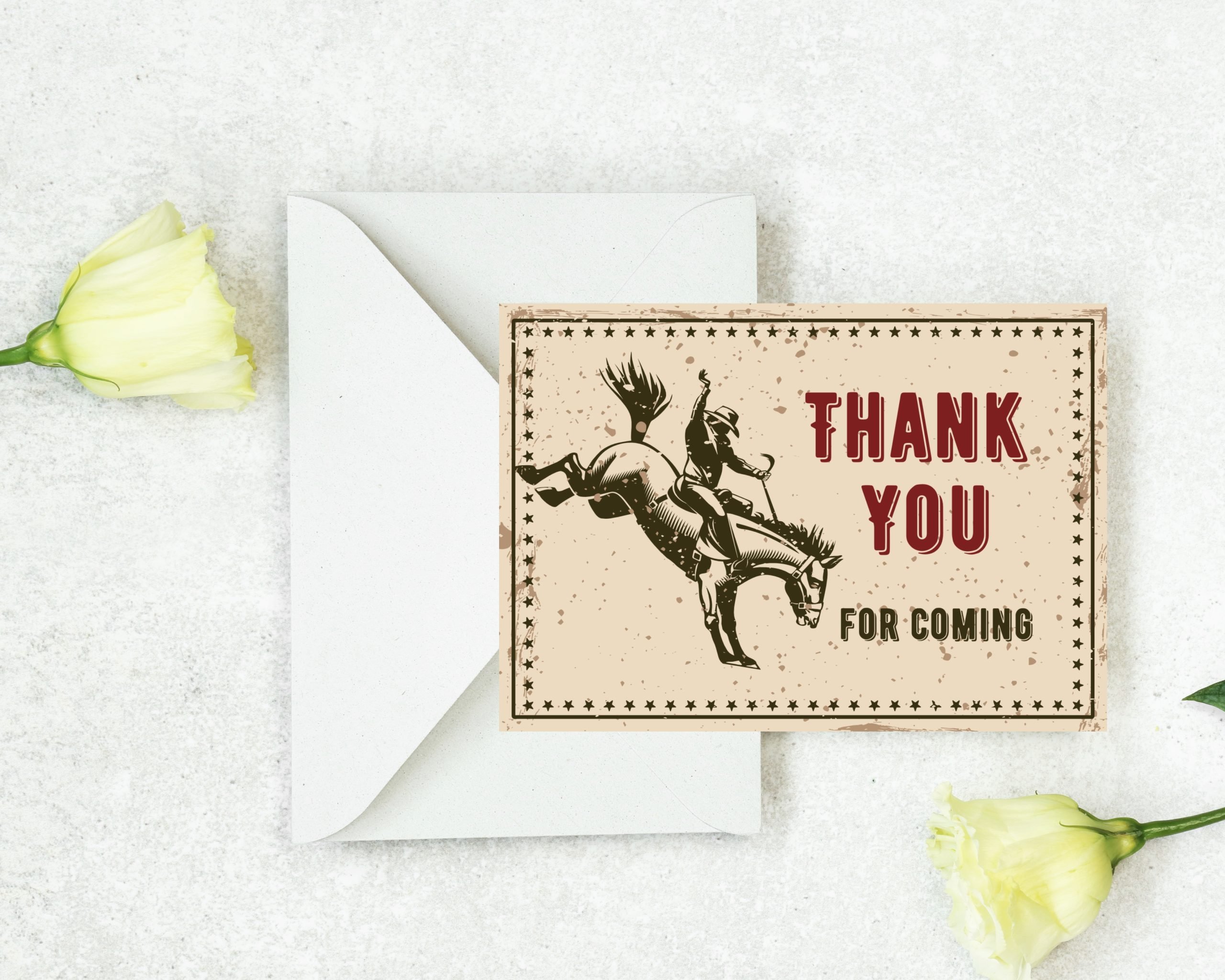 CARDS Editable Rodeo Thank You Card – Printable Cowboy Rustic Horse Theme – Corjl Template 3.5x5" Card Size