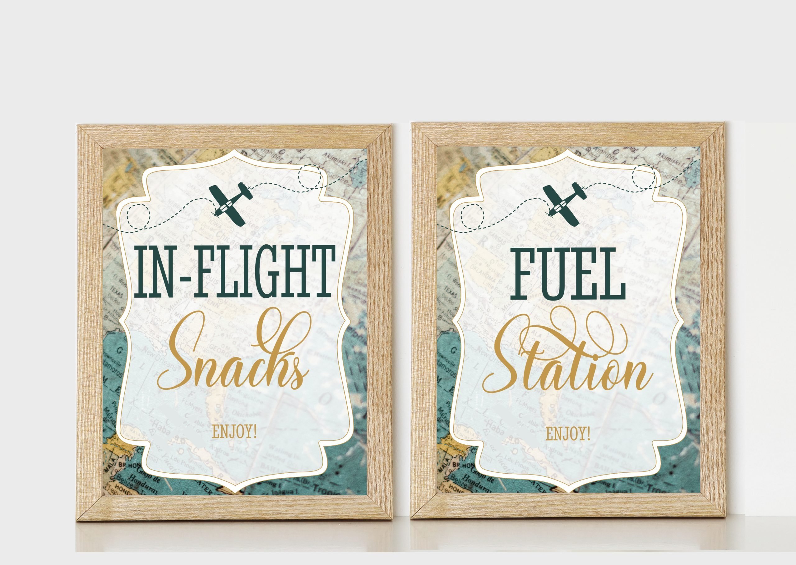 DECOR | SIGNS Wanderlust Adventure Baby Shower Signs Bundle – Vintage Map and Airplane Design Adventure Baby Shower