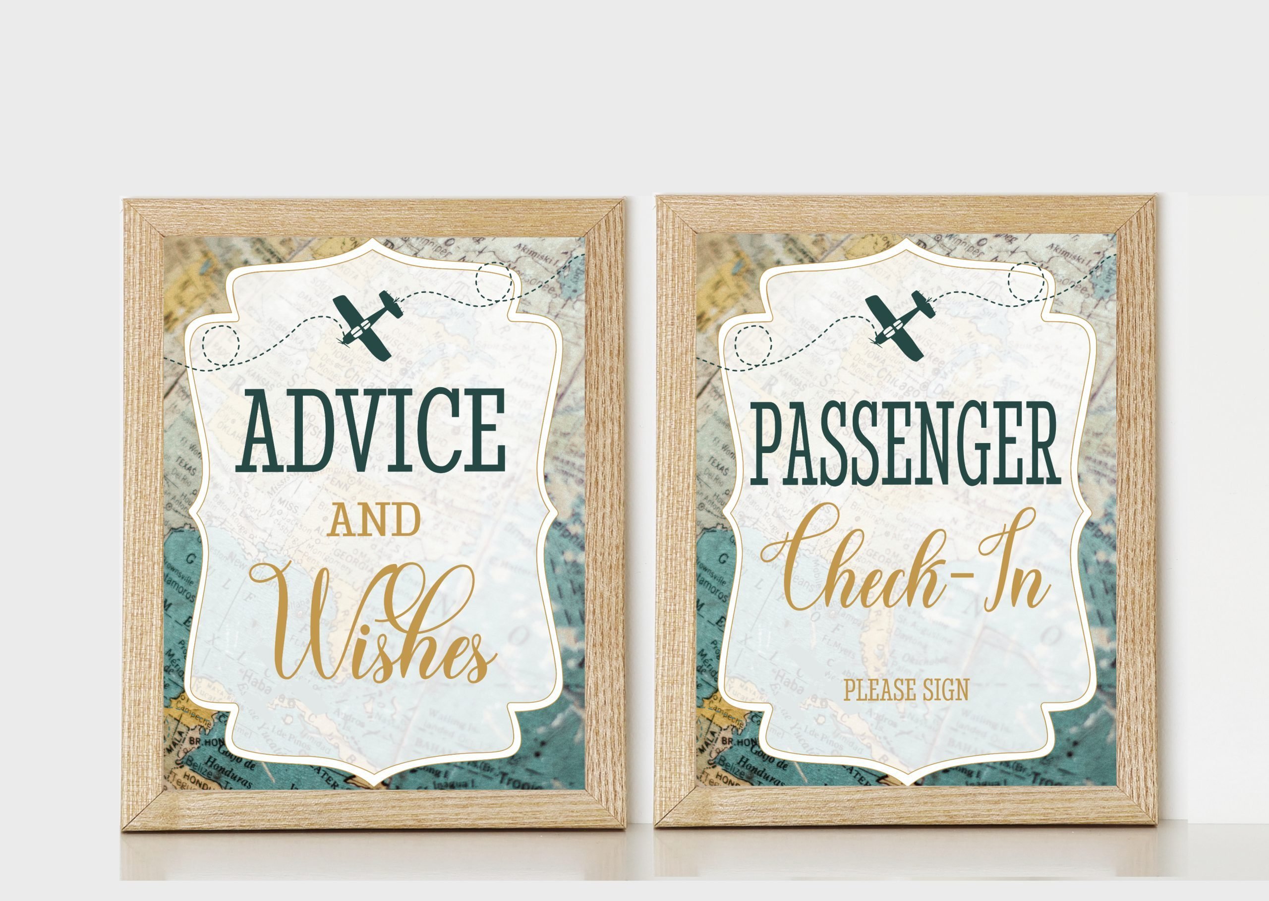 DECOR | SIGNS Wanderlust Adventure Baby Shower Signs Bundle – Vintage Map and Airplane Design Adventure Baby Shower