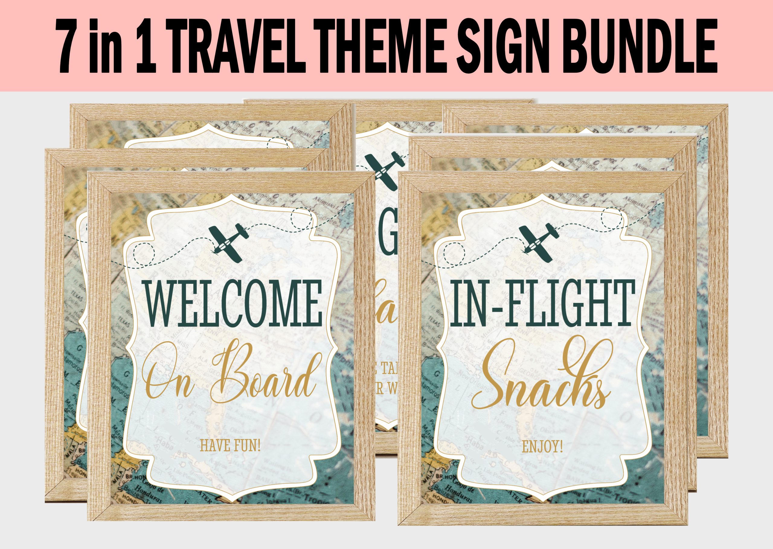 DECOR | SIGNS Wanderlust Adventure Baby Shower Signs Bundle – Vintage Map and Airplane Design Adventure Baby Shower