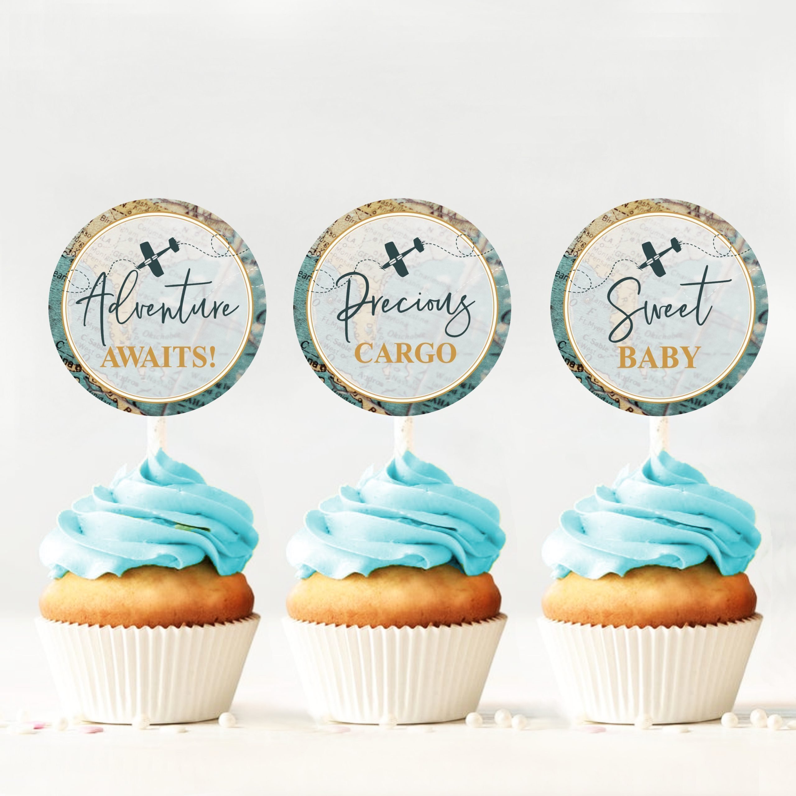 Cupcake Toppers Travel Cupcake Toppers & Favor Tags | Baby Shower Party Decor | Sweet Adventure Awaits | PRINTABLE adventure-themed baby shower