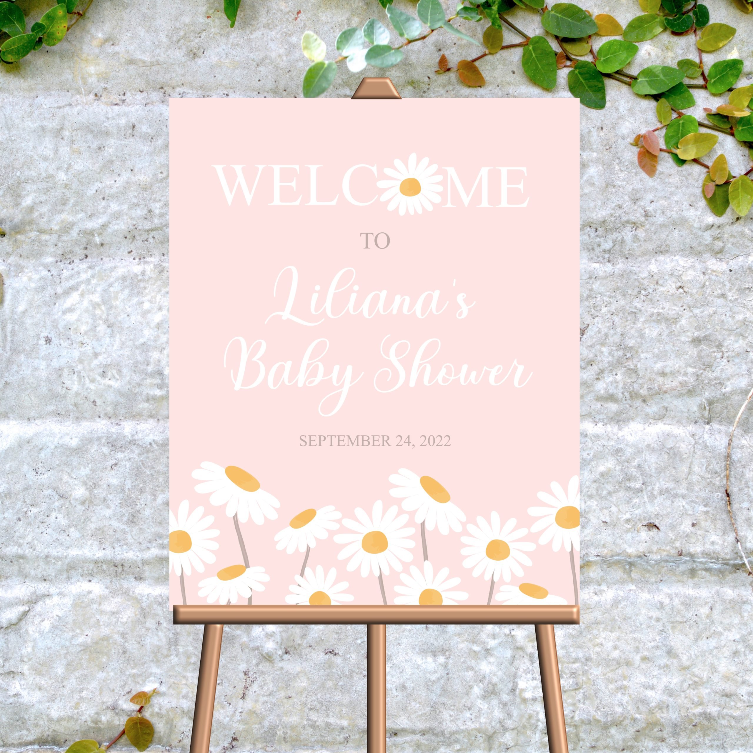 DECOR | SIGNS Editable Daisy Welcome Sign, Daisy Boho Theme, Baby Shower Decor, Pink background Corjl Editable Daisy Sign Template