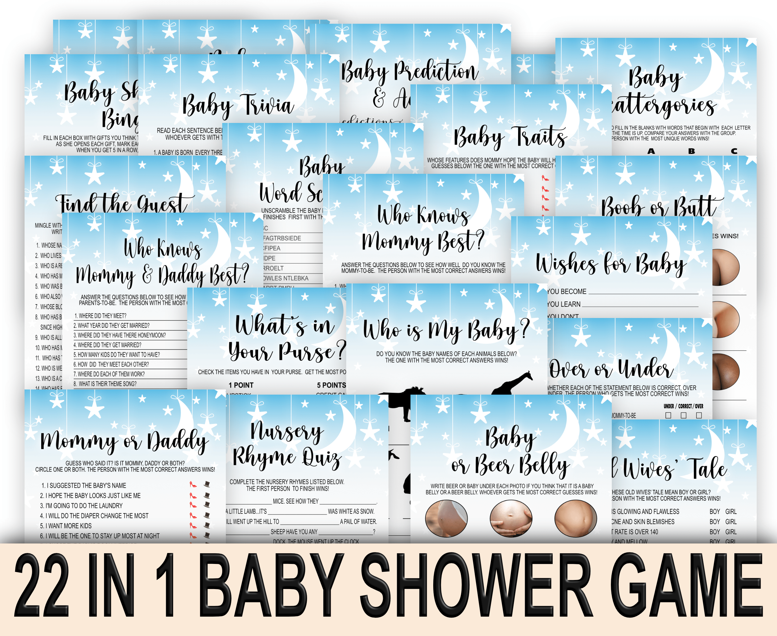 Baby Shower Games White Moon Stars Baby Shower Games Bundle Pack – Twinkle Star Theme Party Games for Baby Boy 22 games included in the bundle pack