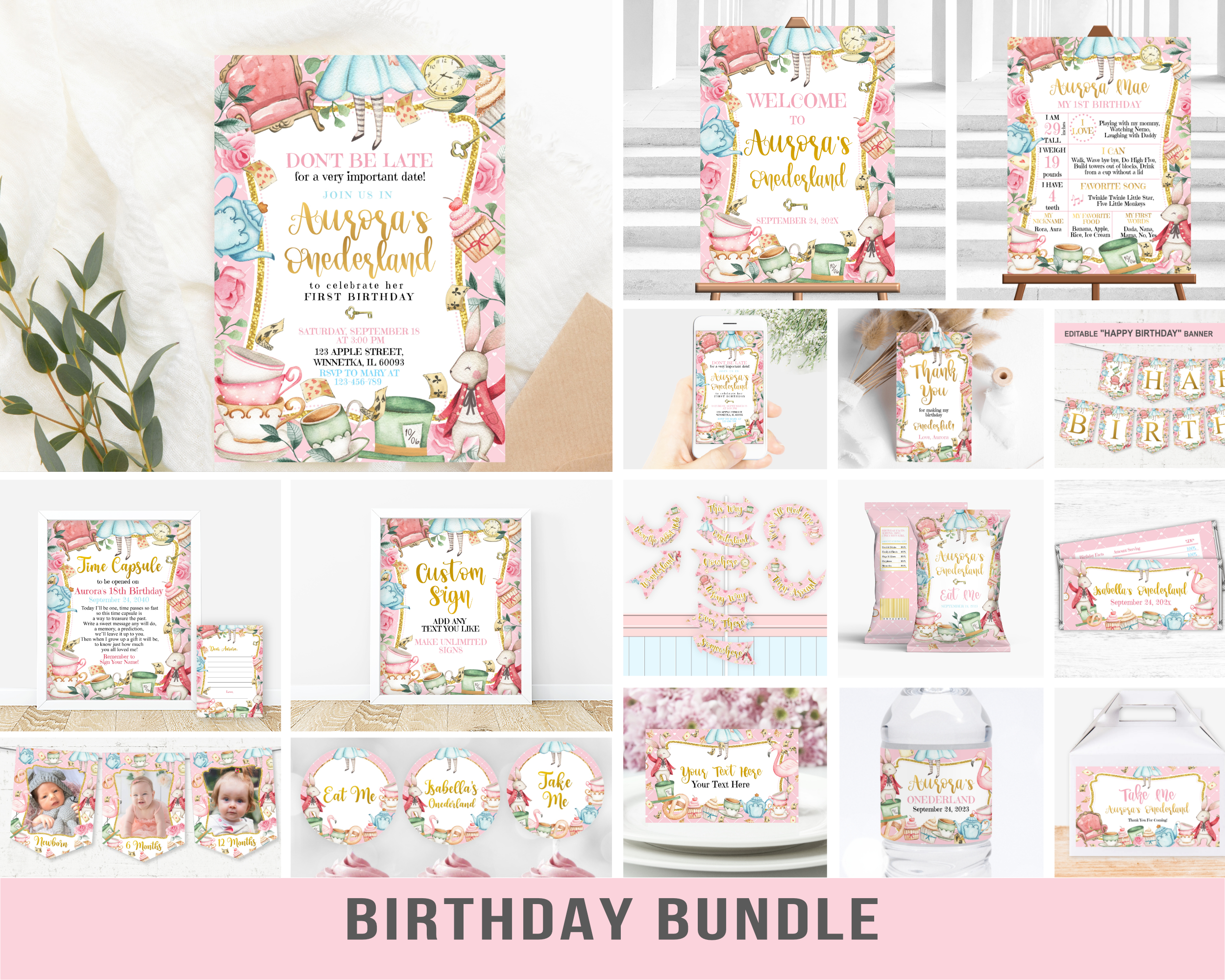 Birthday Mega Bundle Alice in Onederland Pink 1st Birthday Girl Party Invitation Bundle Pack with Editable Corjl Template – Digital Download Birthday_Wizard