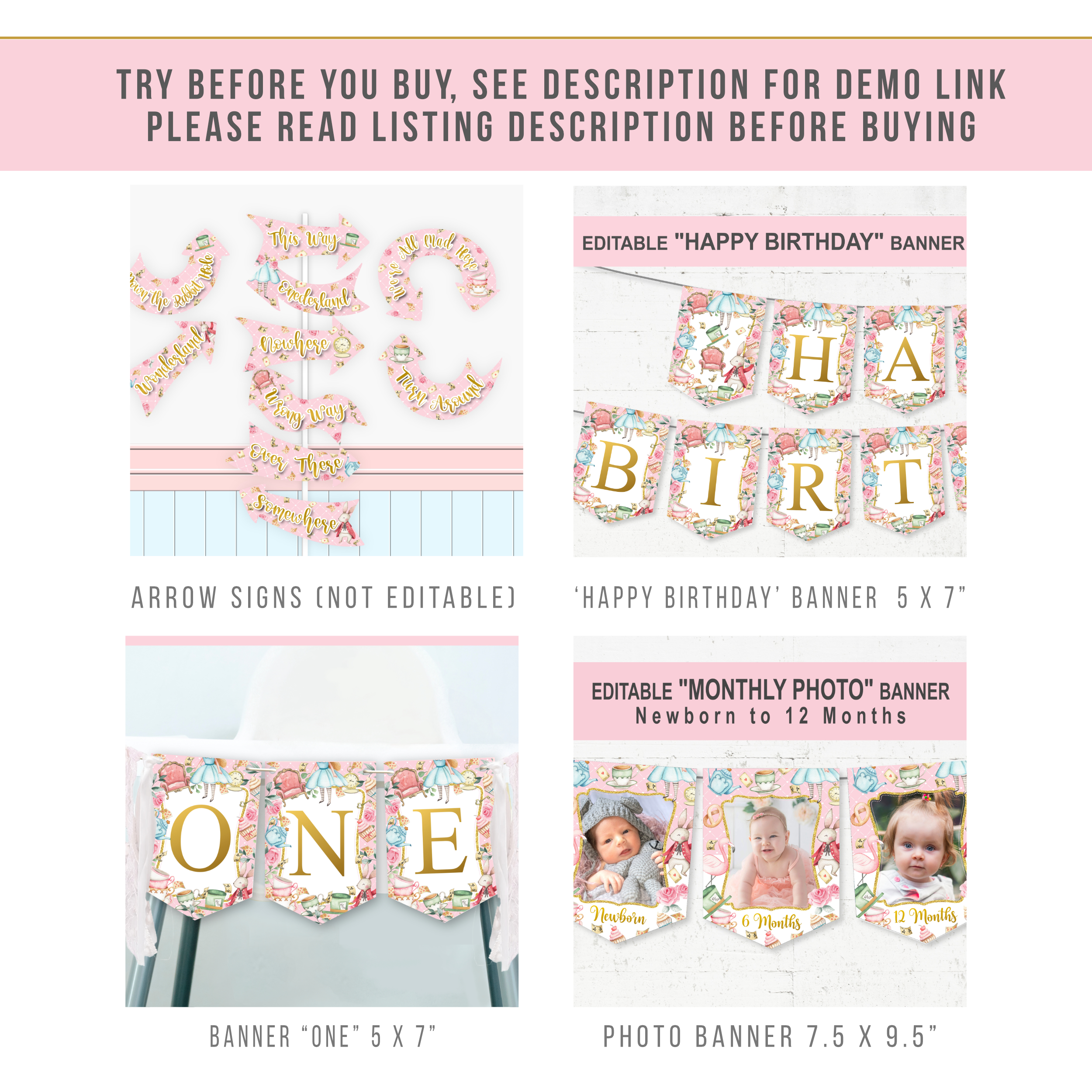 Birthday Mega Bundle Alice in Onederland Pink 1st Birthday Girl Party Invitation Bundle Pack with Editable Corjl Template – Digital Download Birthday_Wizard