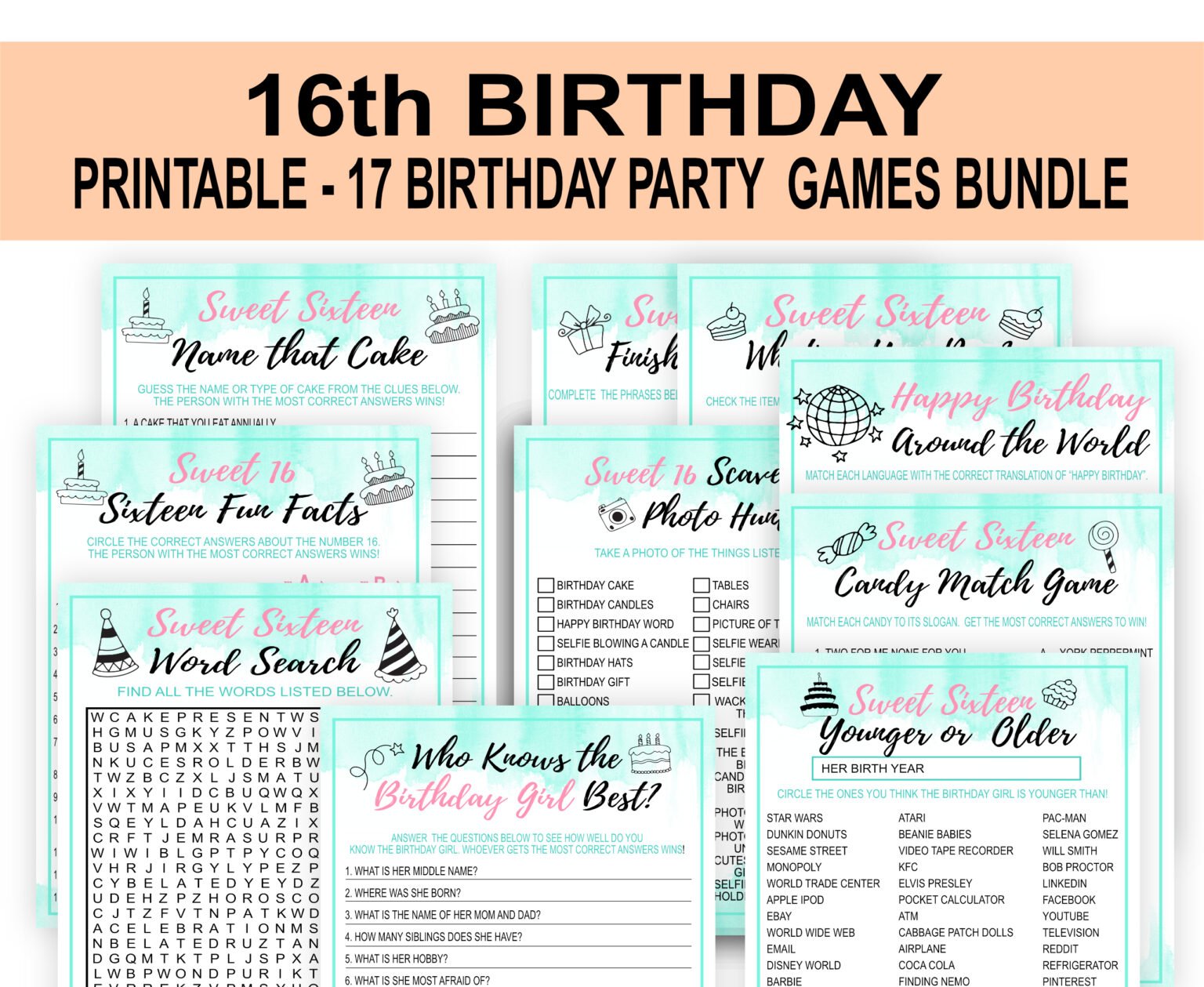 Mint and Pink Sweet Sixteen Birthday Party Games Bundle for Girls
