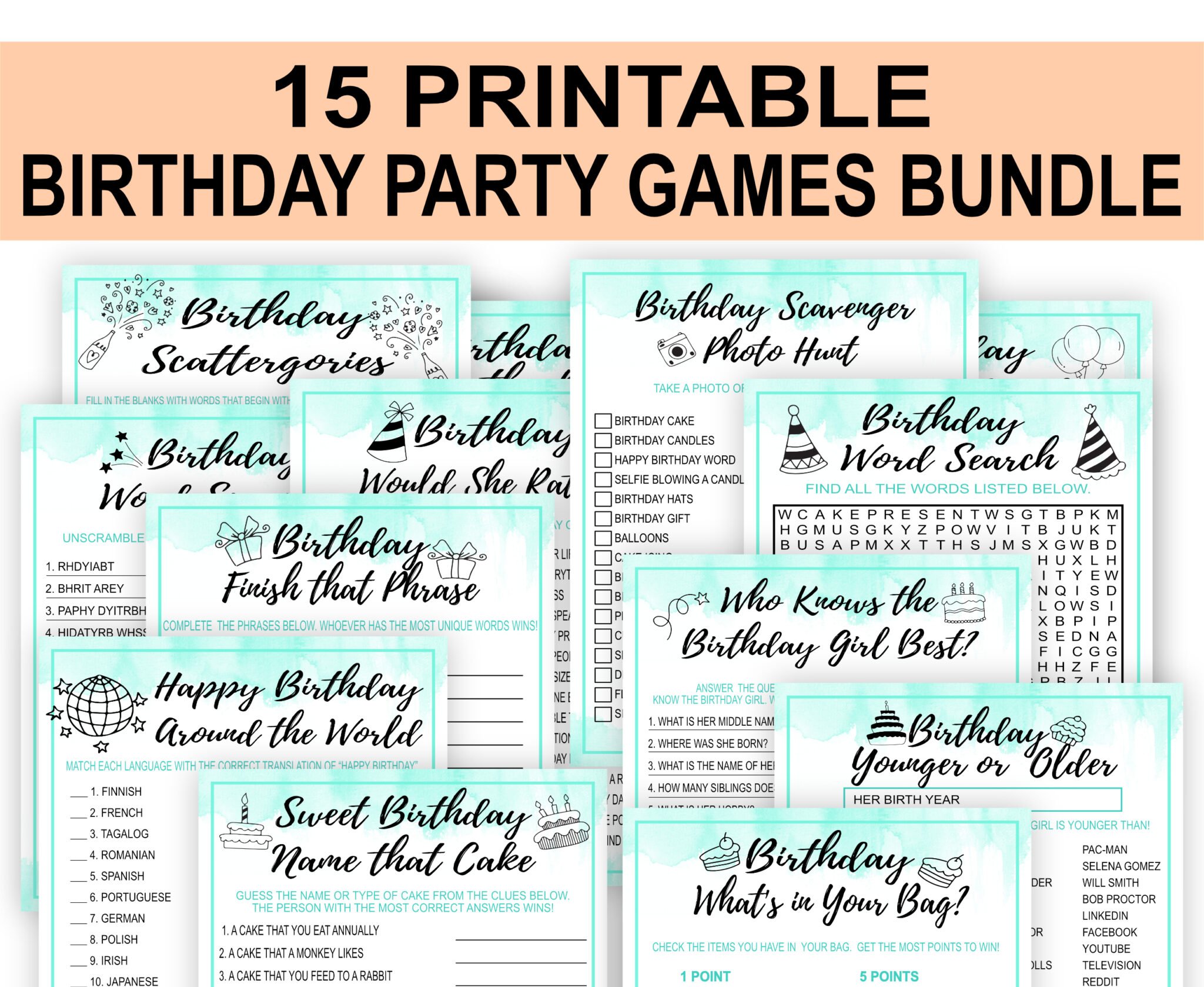 Mint and Black Birthday Party Games Bundle – Printables Depot