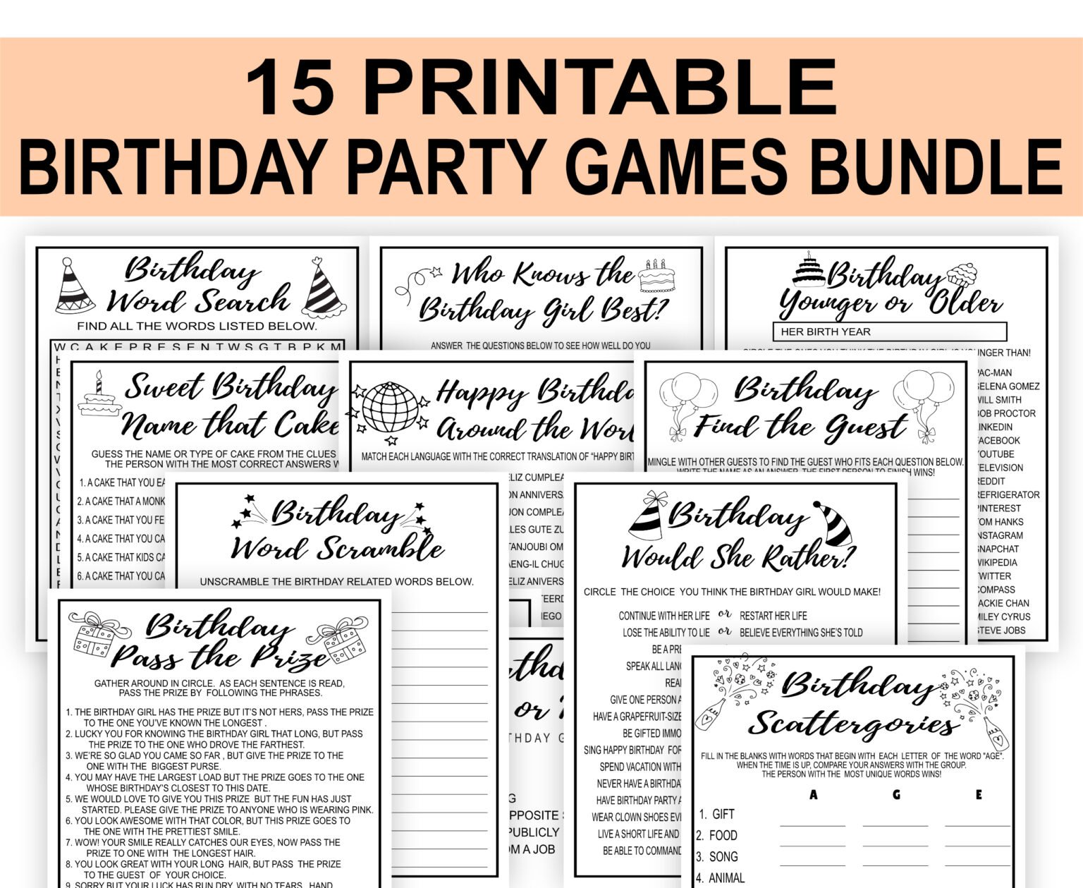 Black and White Birthday Party Games Bundle Printable Printables Depot