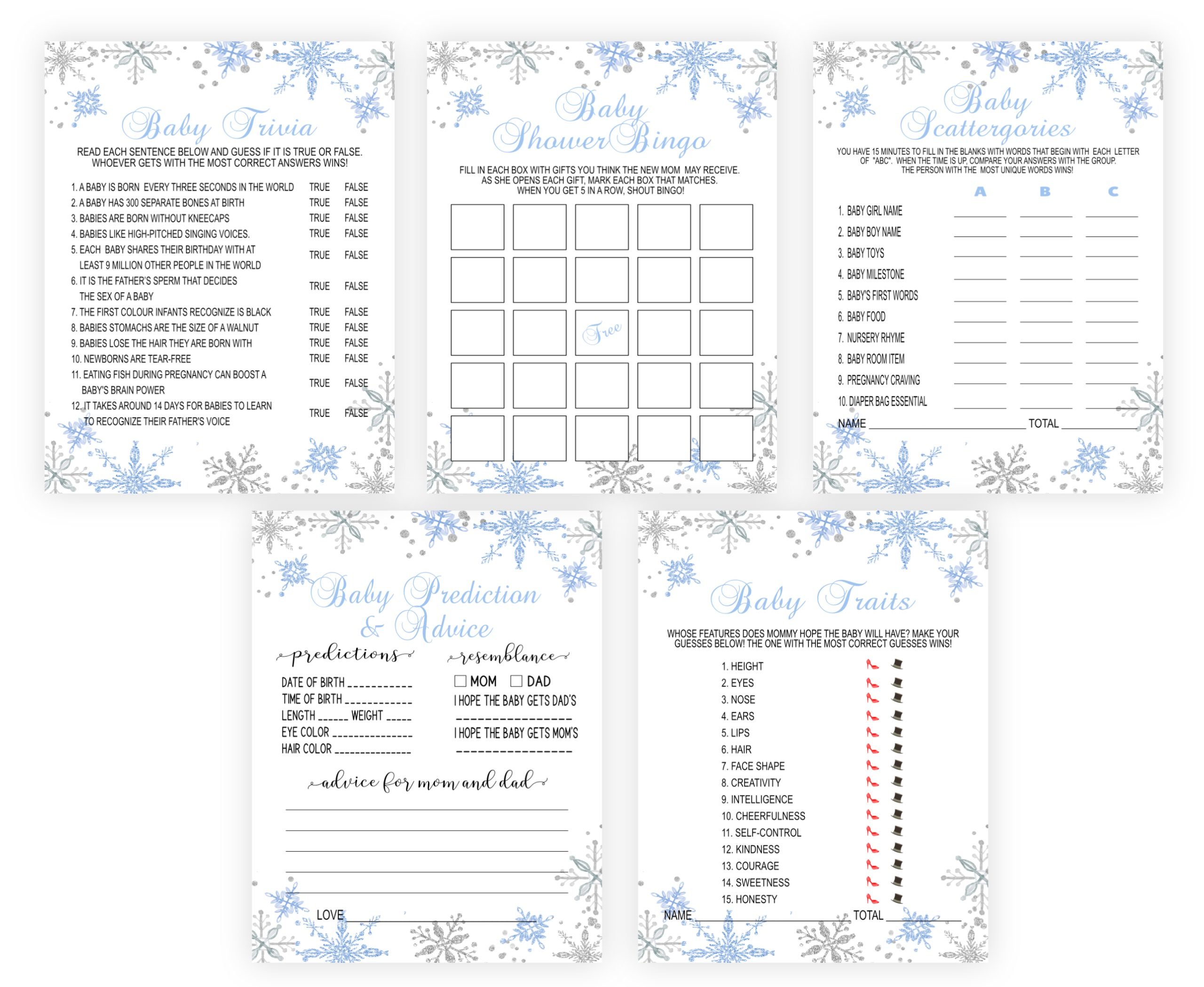 Snowflakes Baby Shower Games Bundle Pack, Blue Winter Theme, PRINTABLE –  Printables Depot