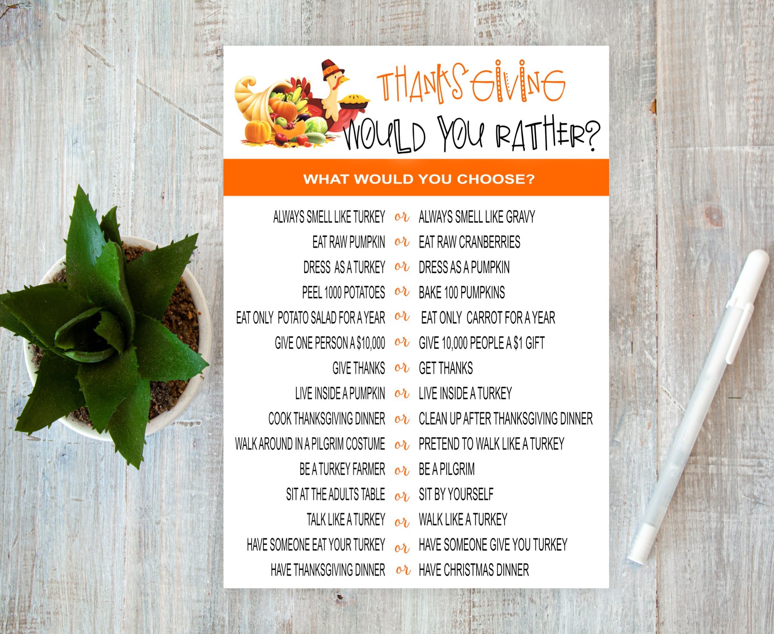 70 Fun Thanksgiving Would You Rather Questions (Free Printable)