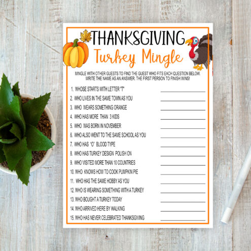 Thanksgiving Turkey Mingle Thanksgiving Game:  Party Games for Turkey Day | Printable Printables Depot