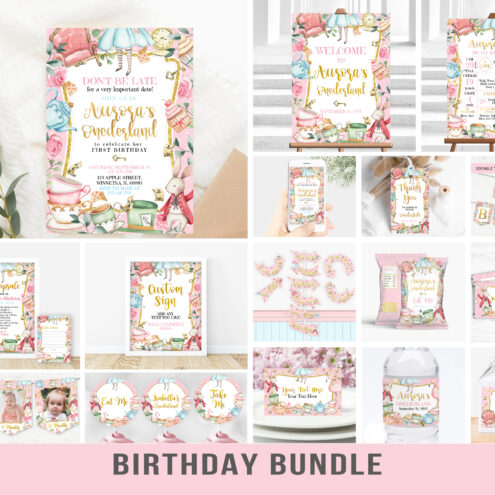 Alice in Onederland Birthday Party Invitation Bundle Pack: Pink Girl First Birthday Party | Editable Printables Depot